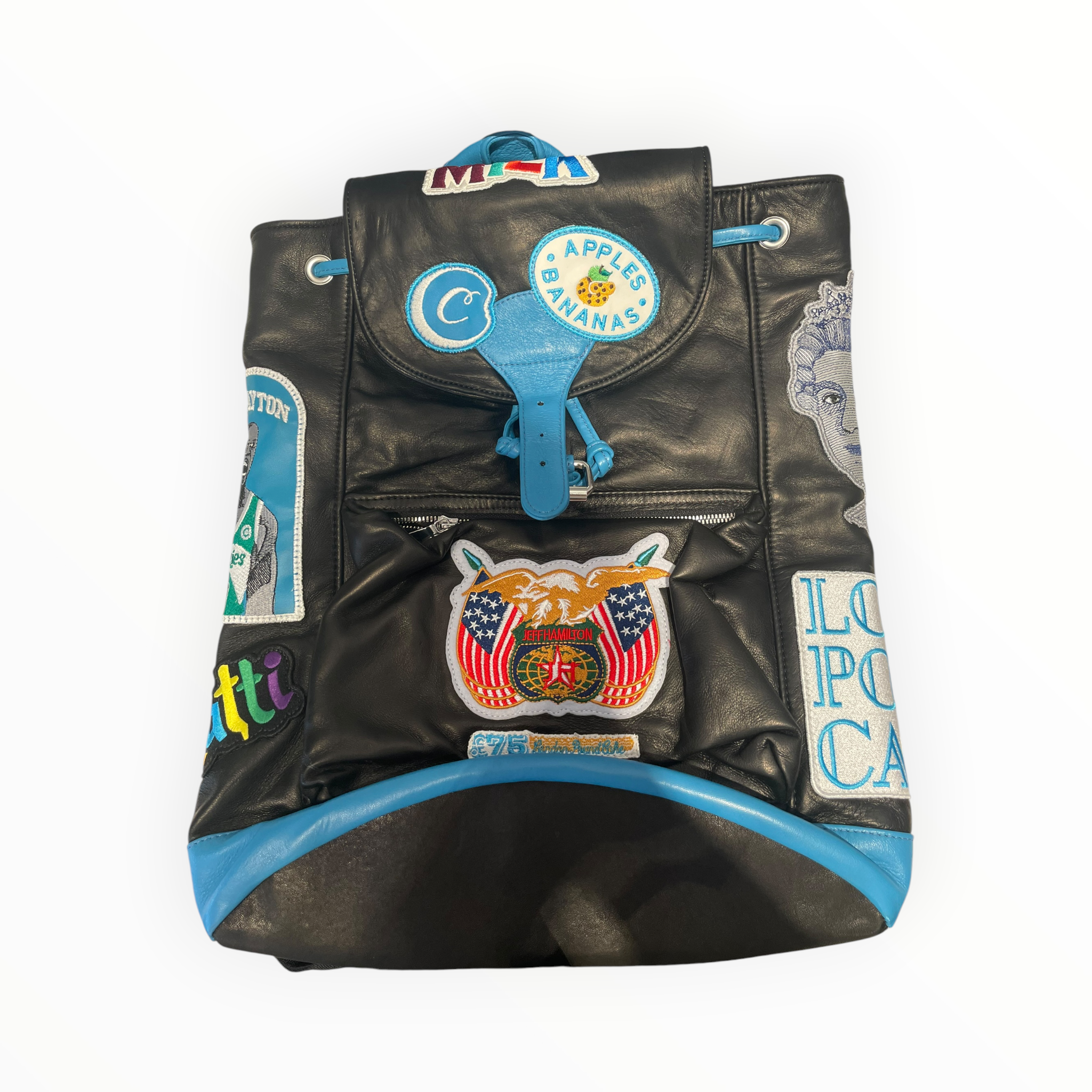 CookiesXJeff Hamilton /Backpack/Graphic/Leather/BLK/patch work with blue trim view 4