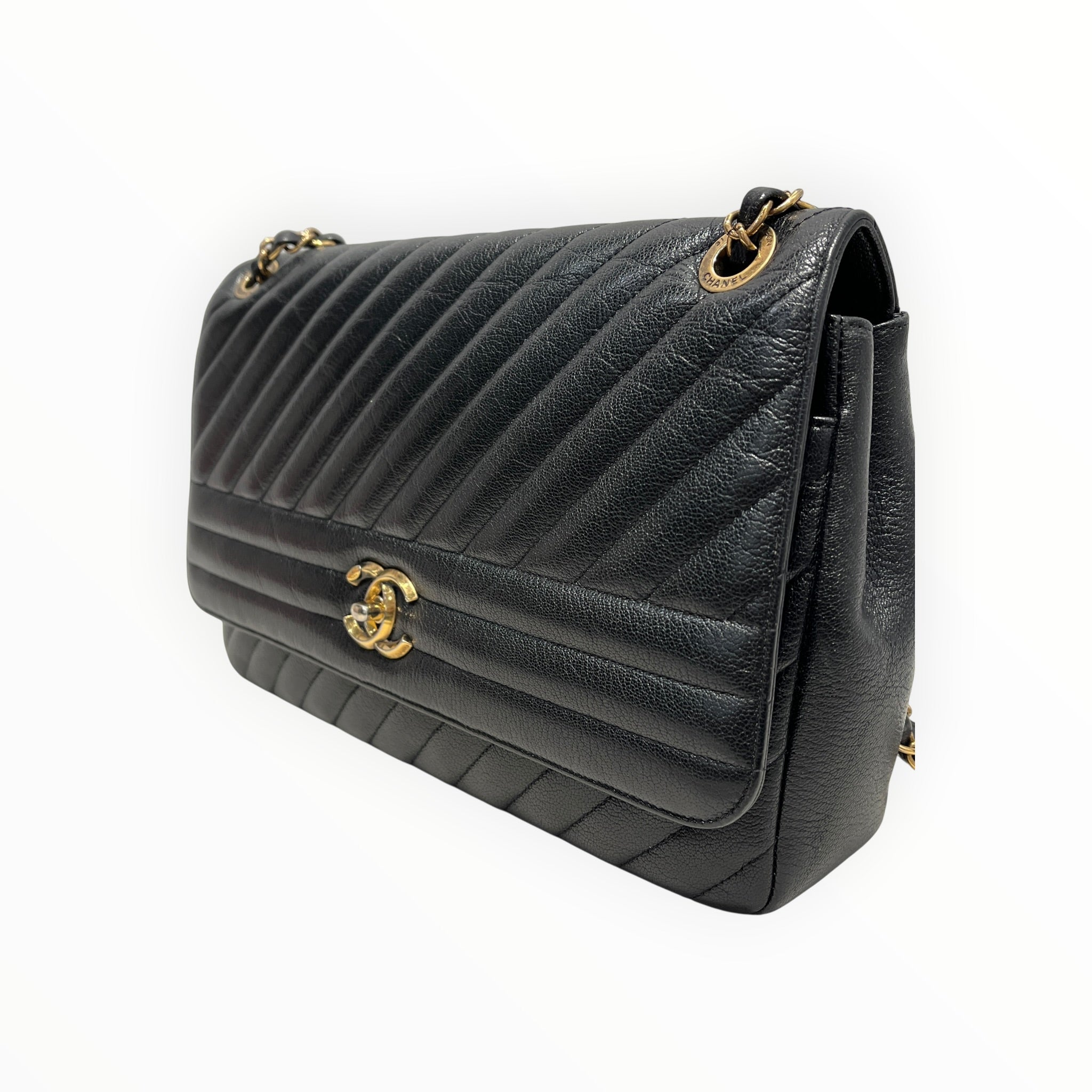 CHANEL/Cross Body Bag/Leather/BLK/DIAGONAL QUILT FLAP BAG LARGE view 5