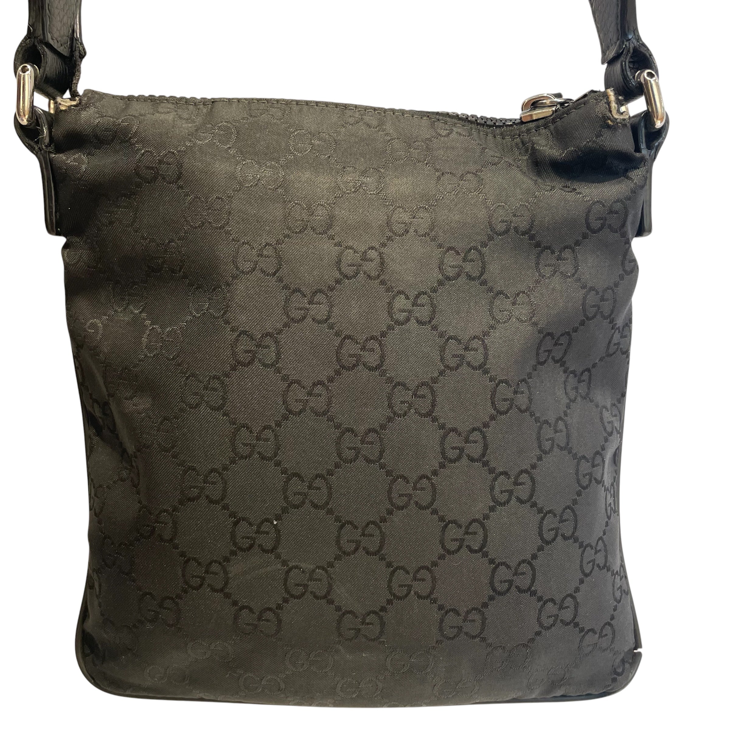 GUCCI/Cross Body Bag/Monogram/Nylon/BLK/messenger bag/gry ljne strap view 4