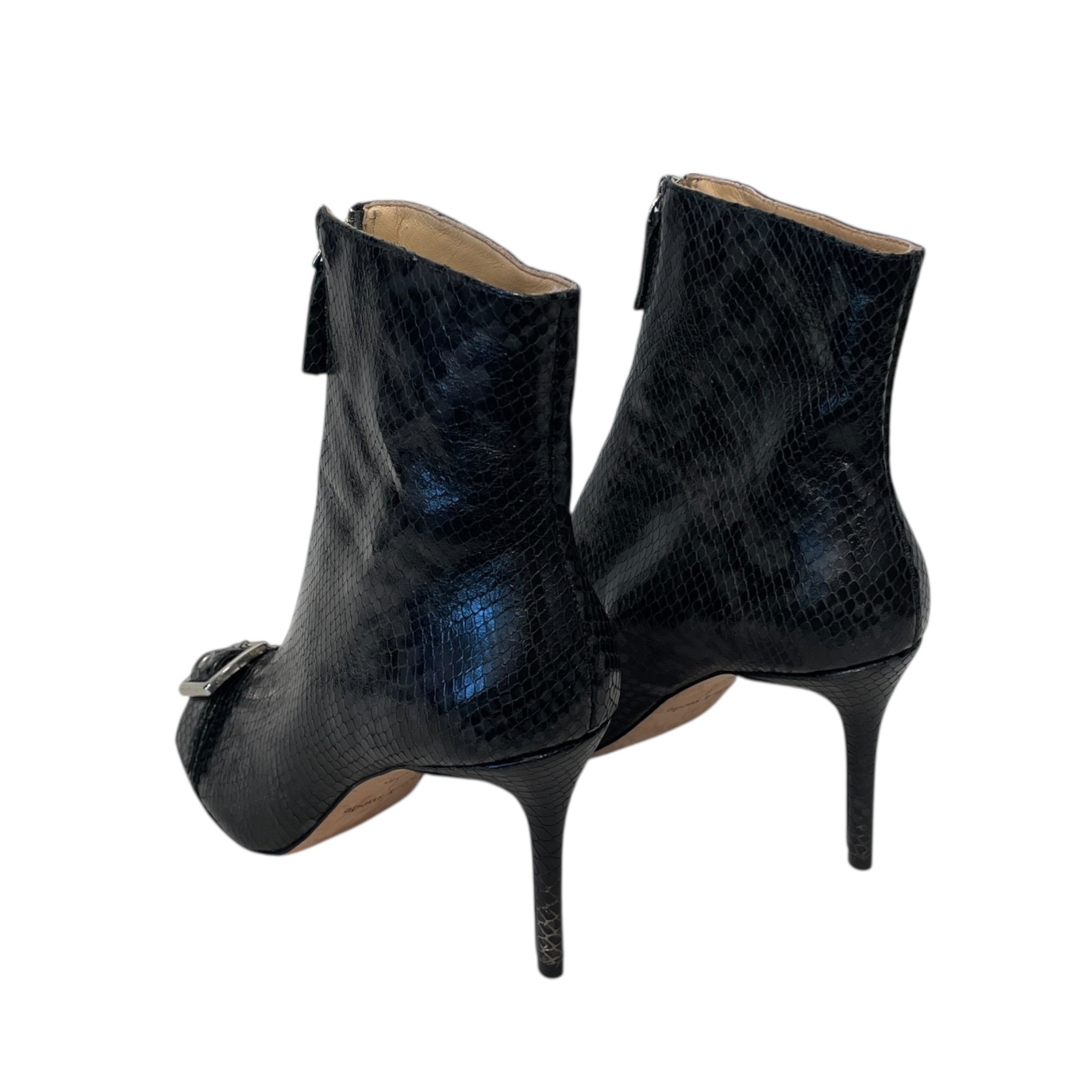 black suede studio/Booties/US 9/Animal Pattern/Leather/BLK/front zip/ buckle/ skinny heel view 2