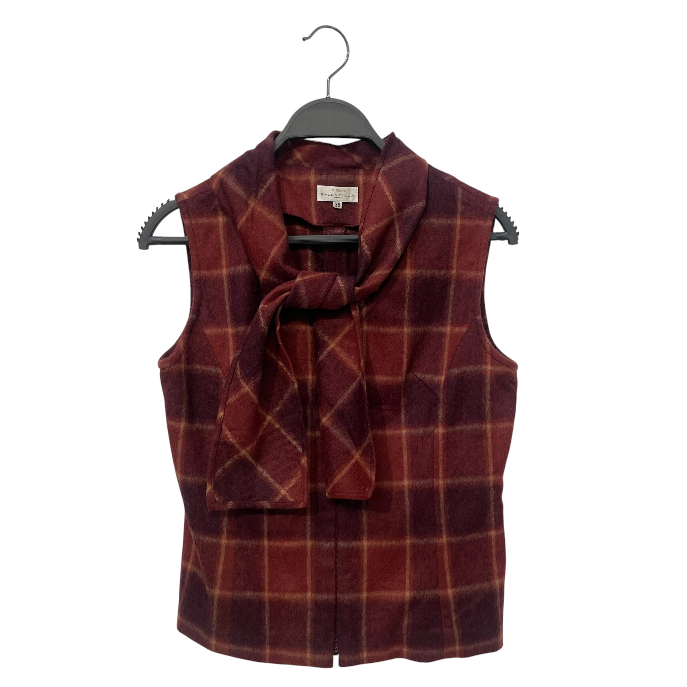 BALENCIAGA/Vest/38/Tartan/Wool/BRD/la mode front tie view 1