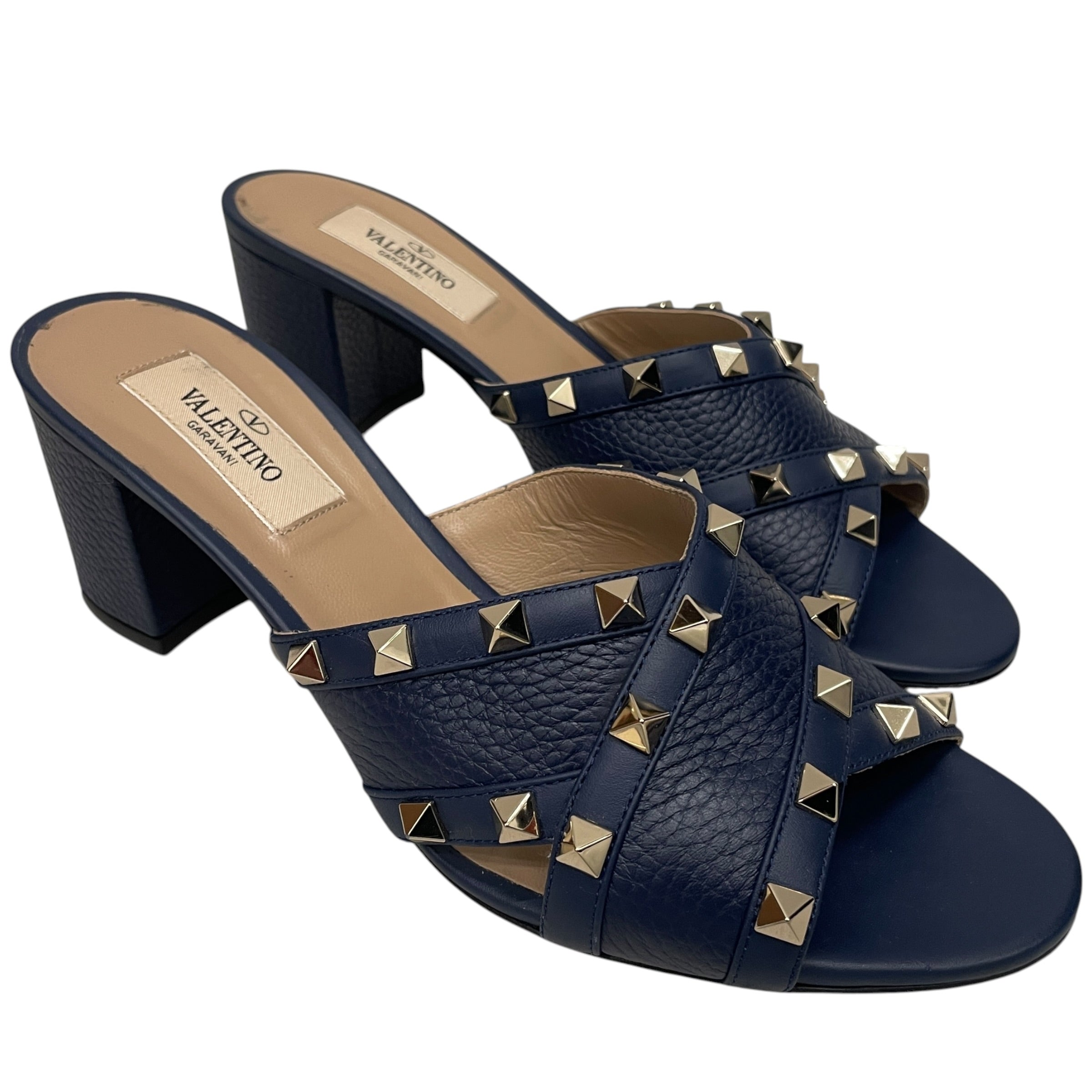 VALENTINO GARAVANI/Heels/EU 37.5/Border/Leather/NVY/Open-Toe/ROCKSTUDS/CRISS CROSS view 1