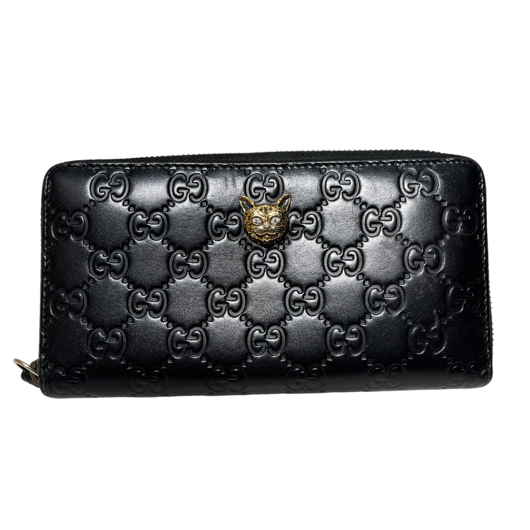 GUCCI/Trifold Wallet/Monogram/Leather/BLK/Gold Cat Hardwear view 3