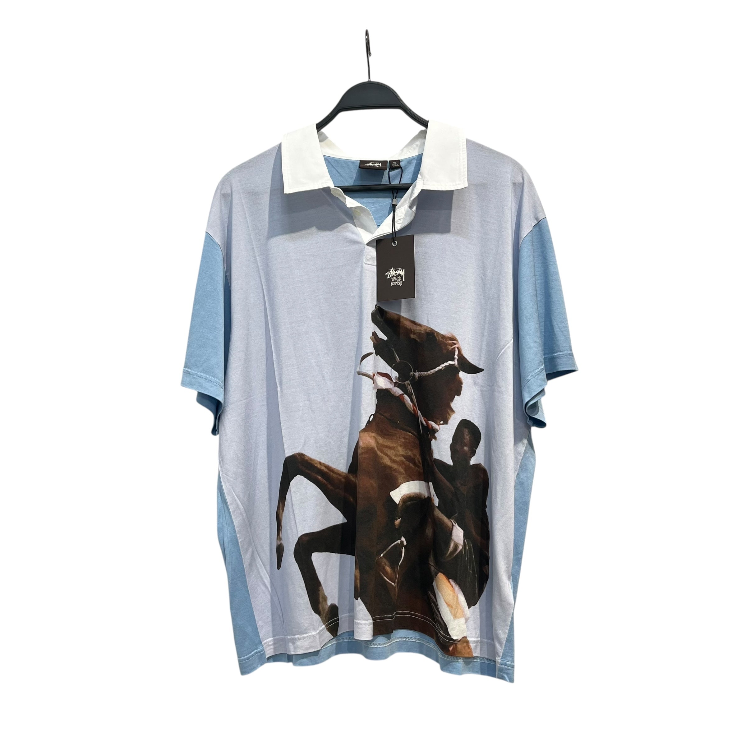 STUSSY/WALES BONNER/Polo Shirt/XL/Silk/BLU/HORSE RIDER SILK POLO view 1