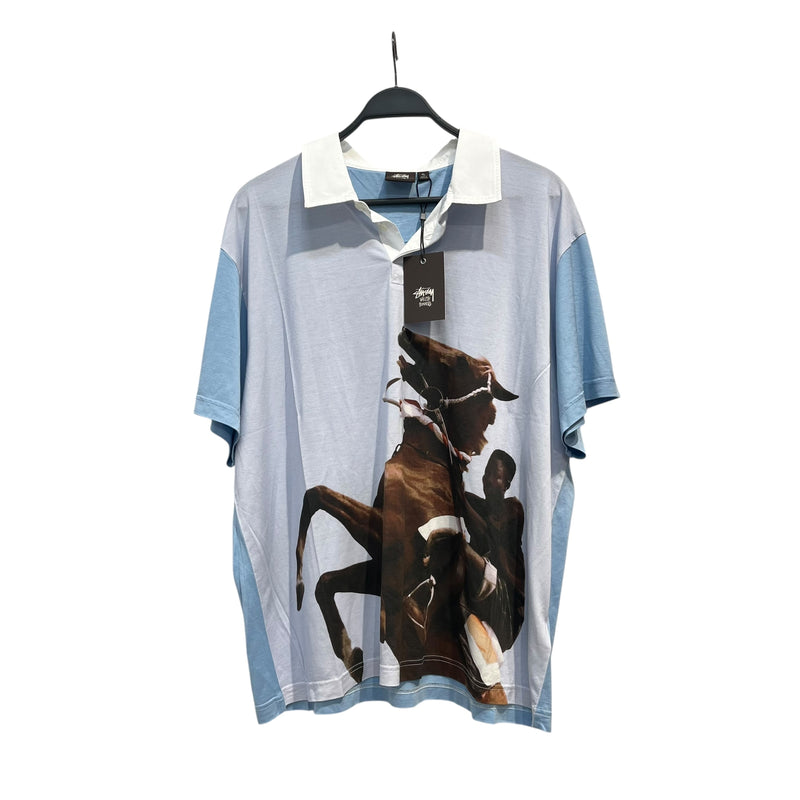 STUSSY/WALES BONNER/Polo Shirt/XL/Silk/BLU/HORSE RIDER SILK POLO