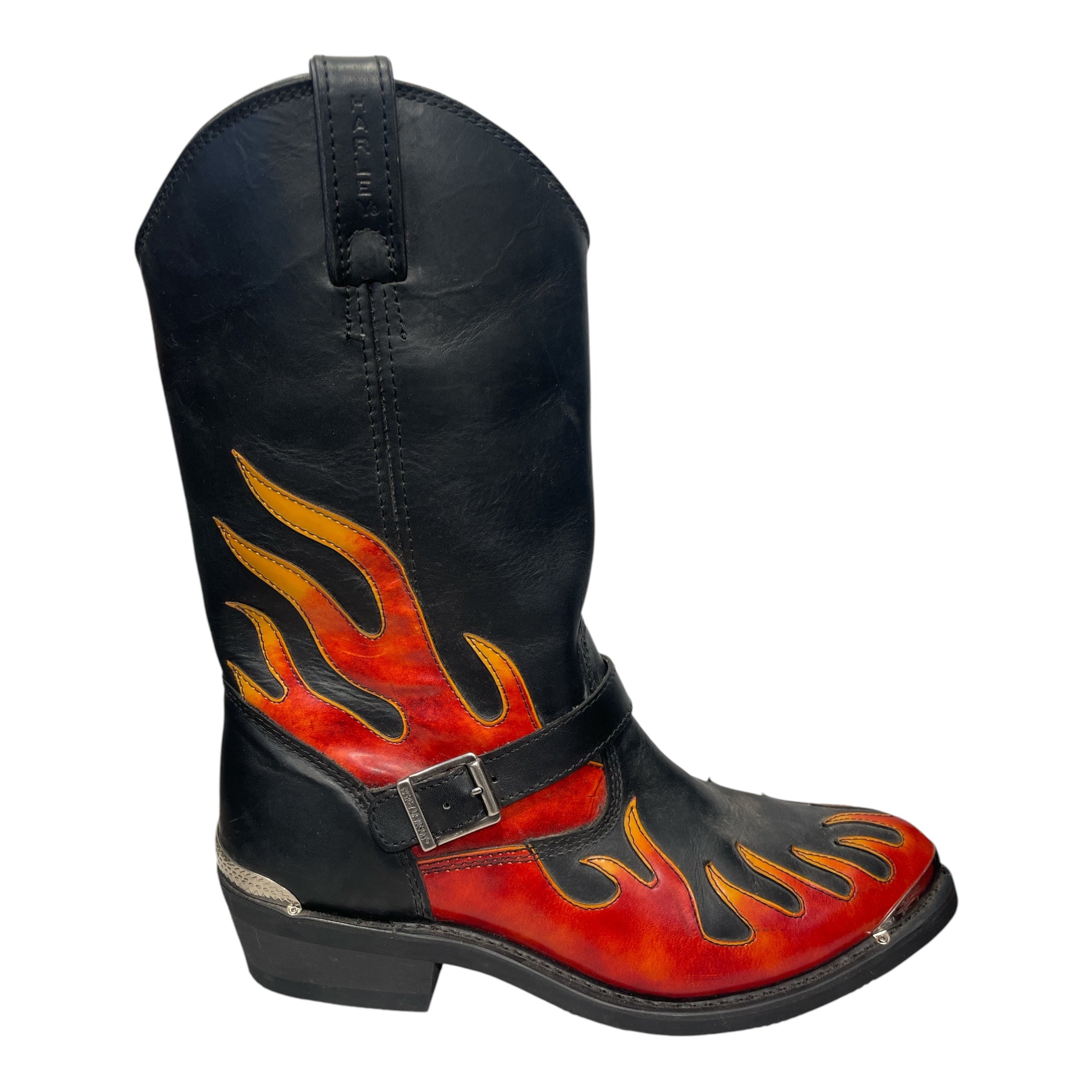 HARLEY DAVIDSON/Cowboy Boots/US 12/Graphic/Leather/BLK/buckle/orange flames/metal toe view 4