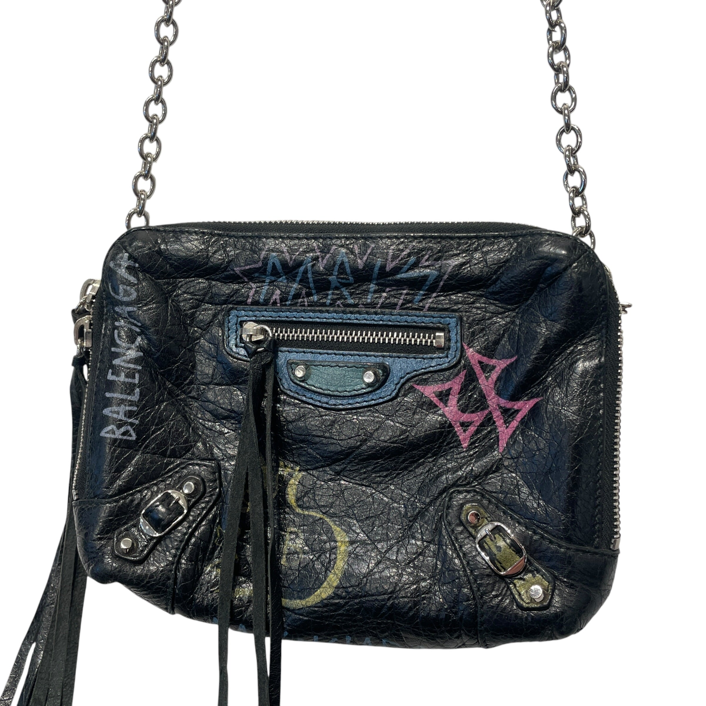 BALENCIAGA/Cross Body Bag/Graphic/Leather/BLK/CLASSIC REPORTER/GRAFFITI view 3