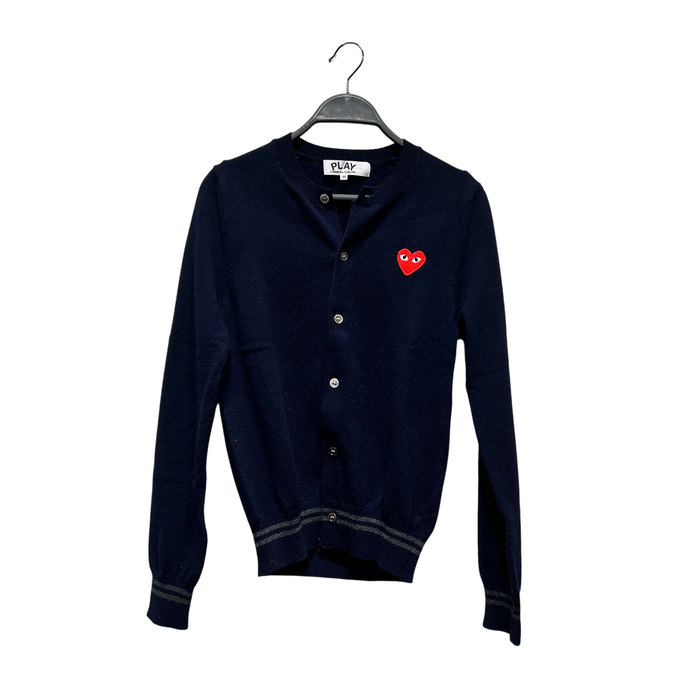 PLAY COMME des GARCONS/Cardigan/M/Wool/NVY/RED HEART GRY STRIPE BOTTOM view 1