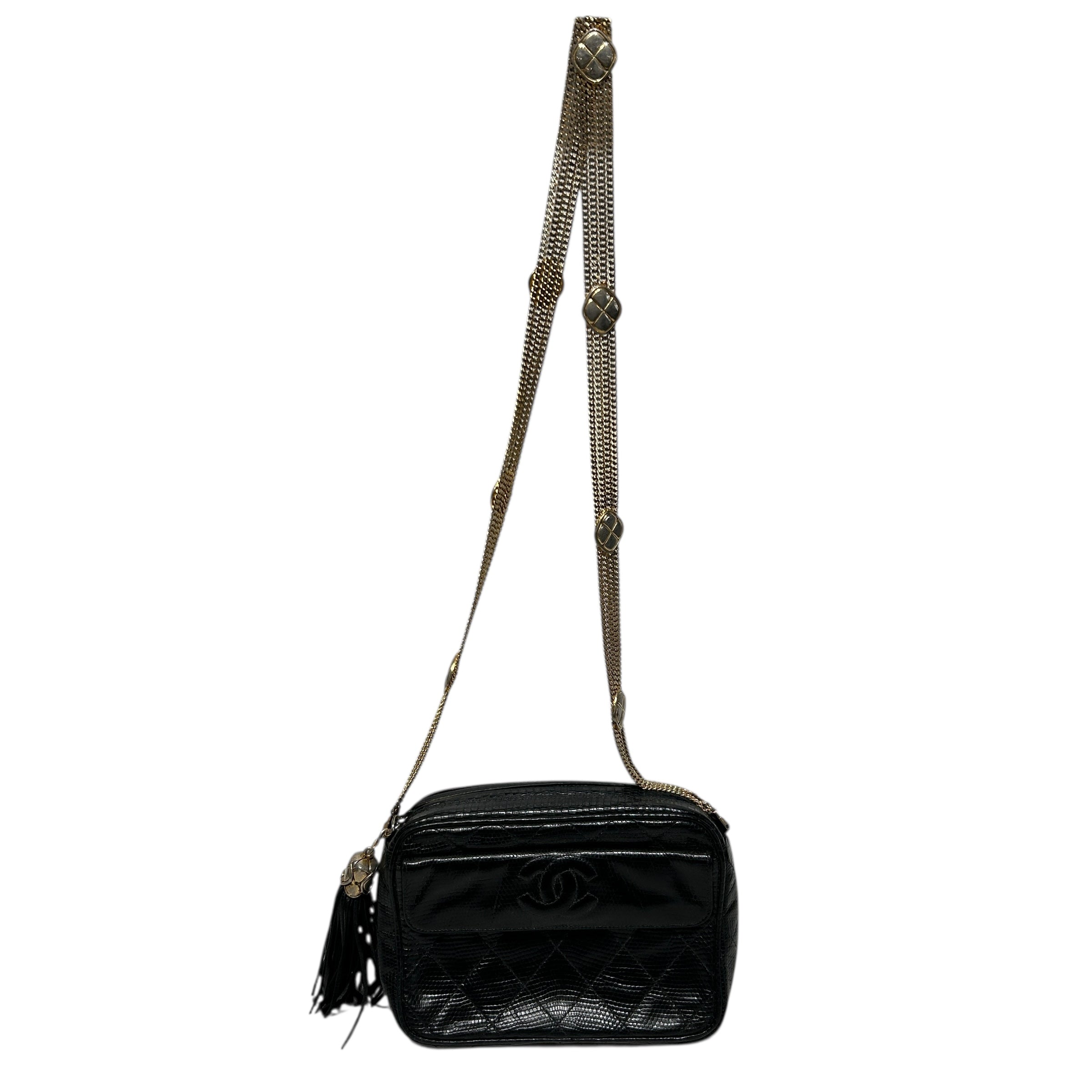 CHANEL/Hand Bag/BLK/Lizard, Tassel, Motif Chain view 1