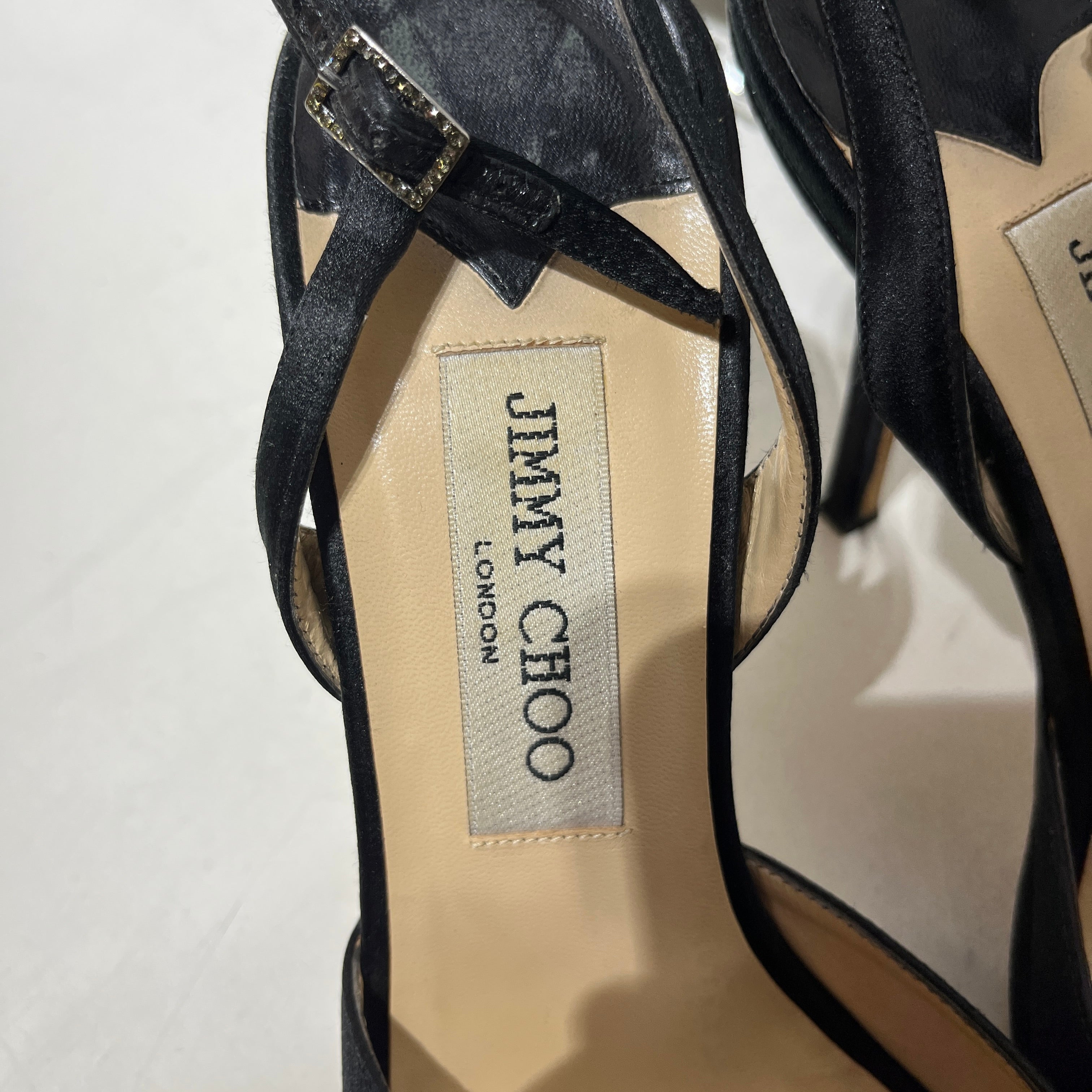 JIMMY CHOO/Heels/US 8/Silk/BLK/Open Toe Gem Detail view 3