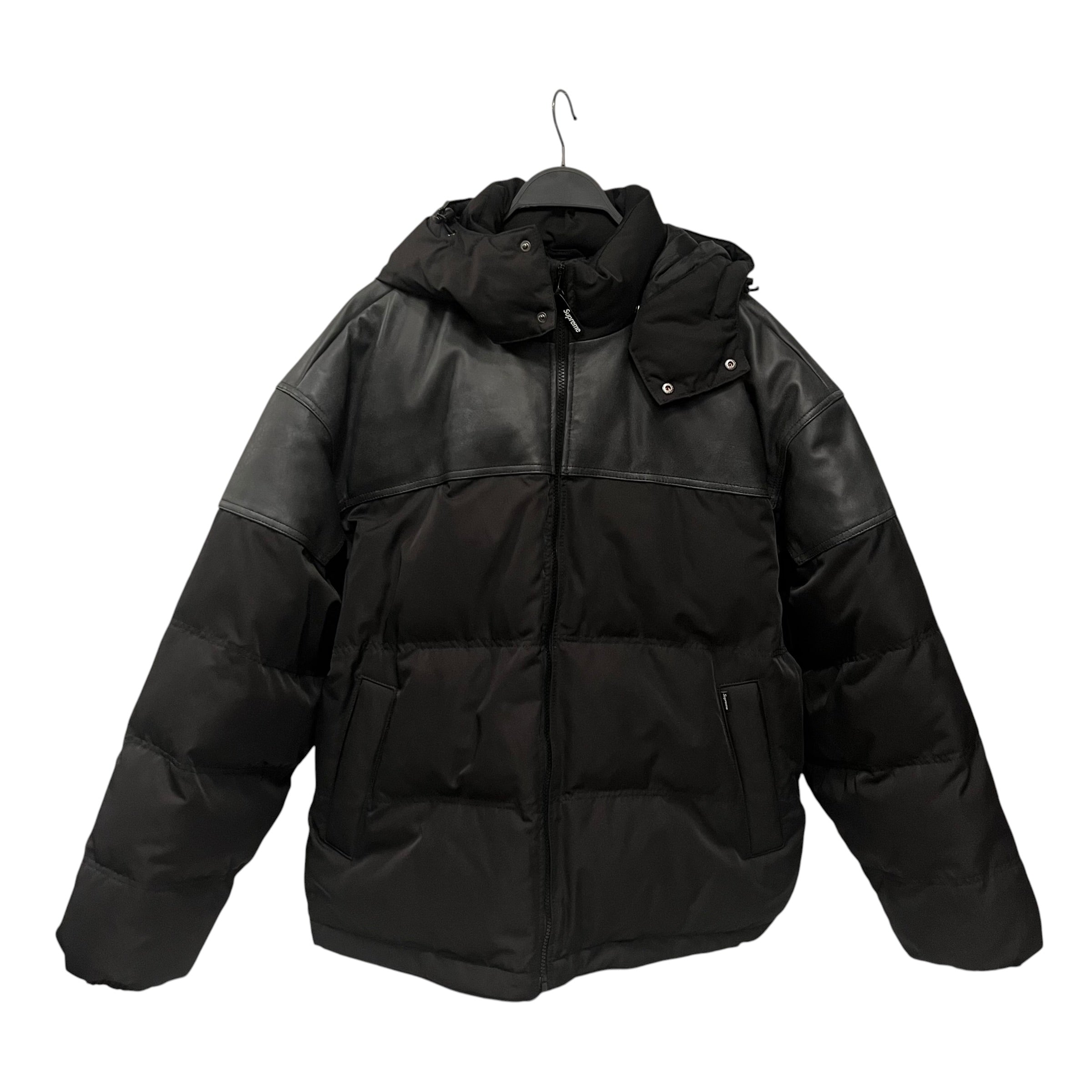 Supreme/Puffer Jkt/L/Nylon/BLK/SCRIPT EMBOSSED LEATHER YOKE view 1