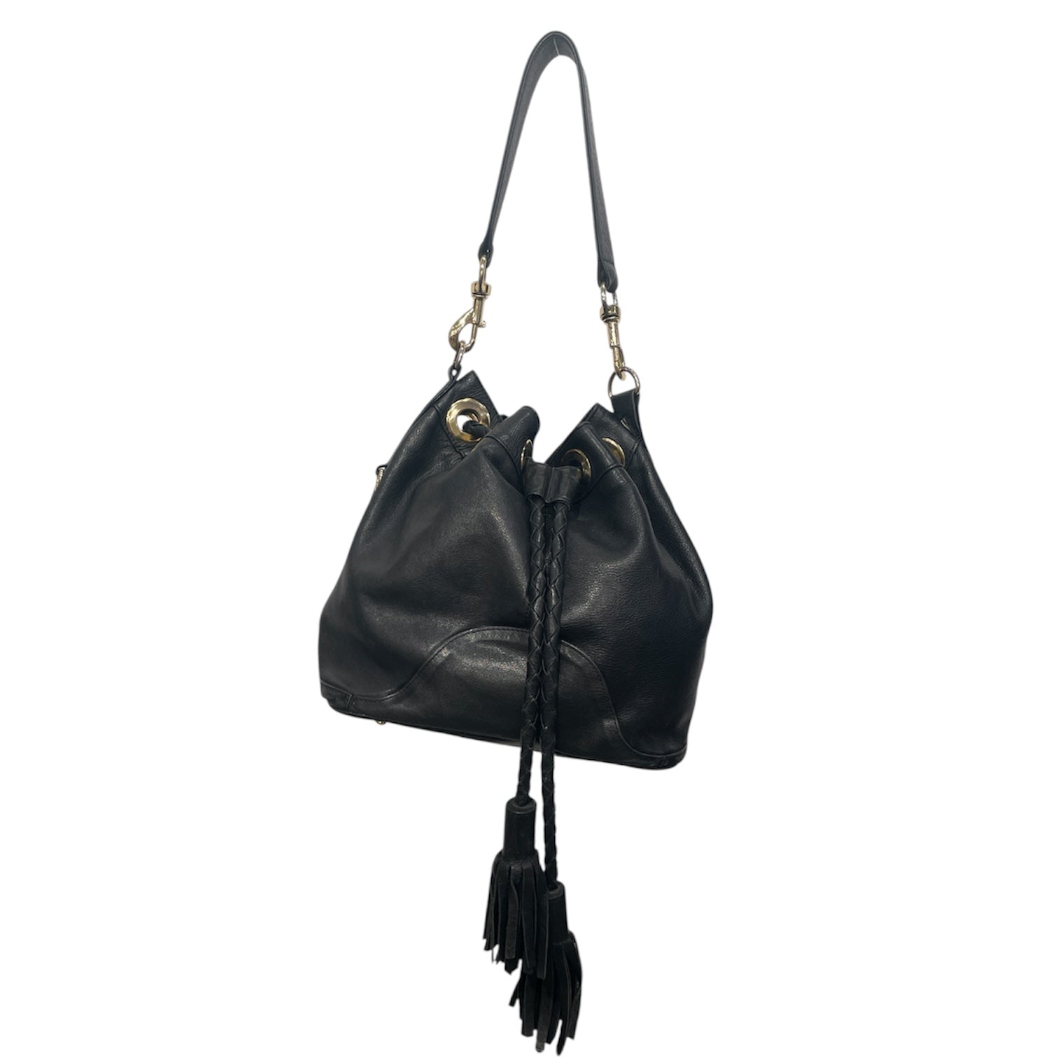 REBECCA MINKOFF/Hand Bag/Leather/BLK/FRING/GOLD HOOP DETAILS view 1