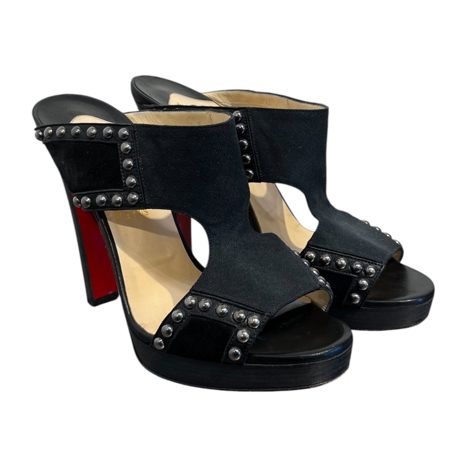 Christian Louboutin/Heels/EU 38.5/Leather/BLK/Open-Toe/CIRCLE STUDDED view 1
