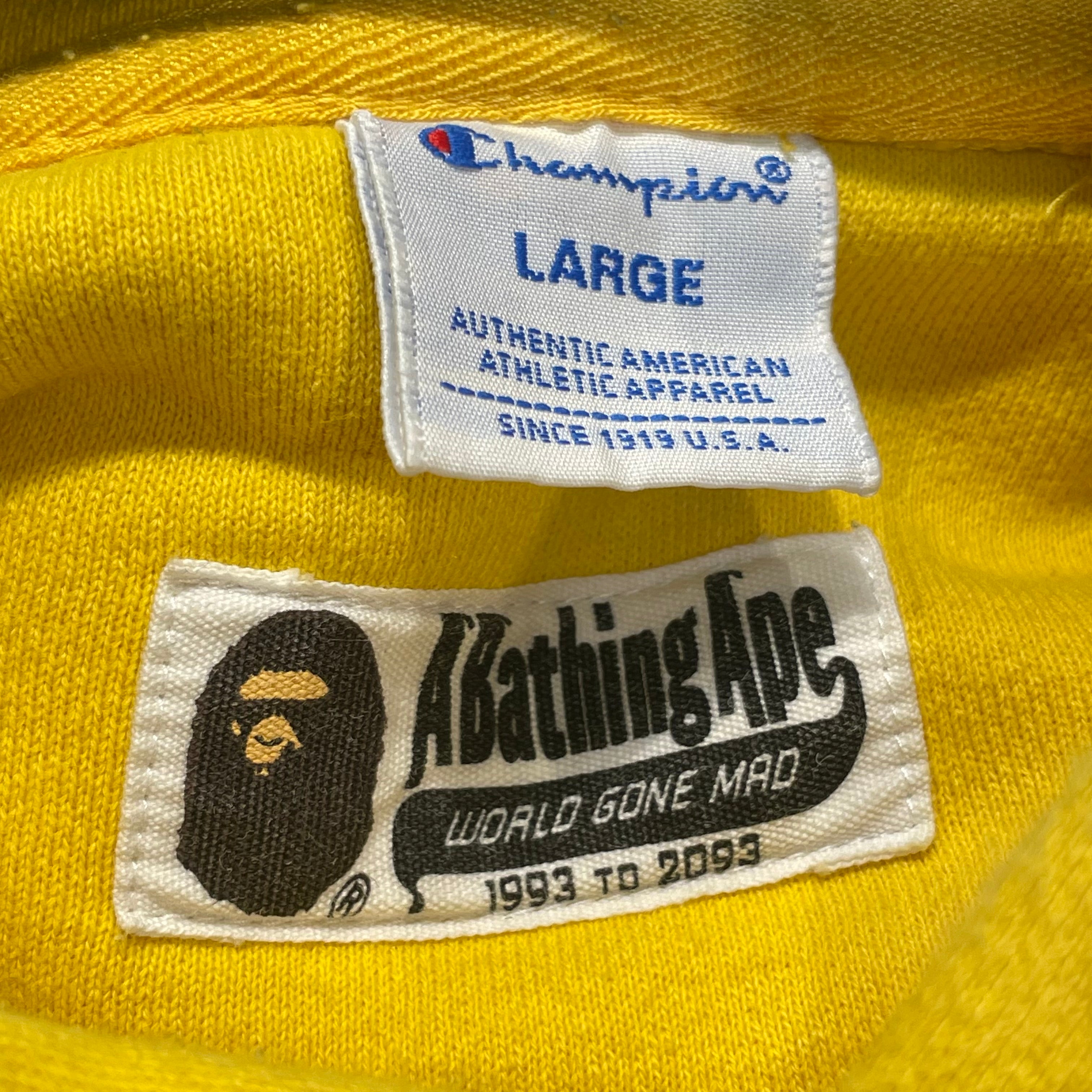 A BATHING APE/Champion/Hoodie/L/Cotton/YEL/textured front logo view 3