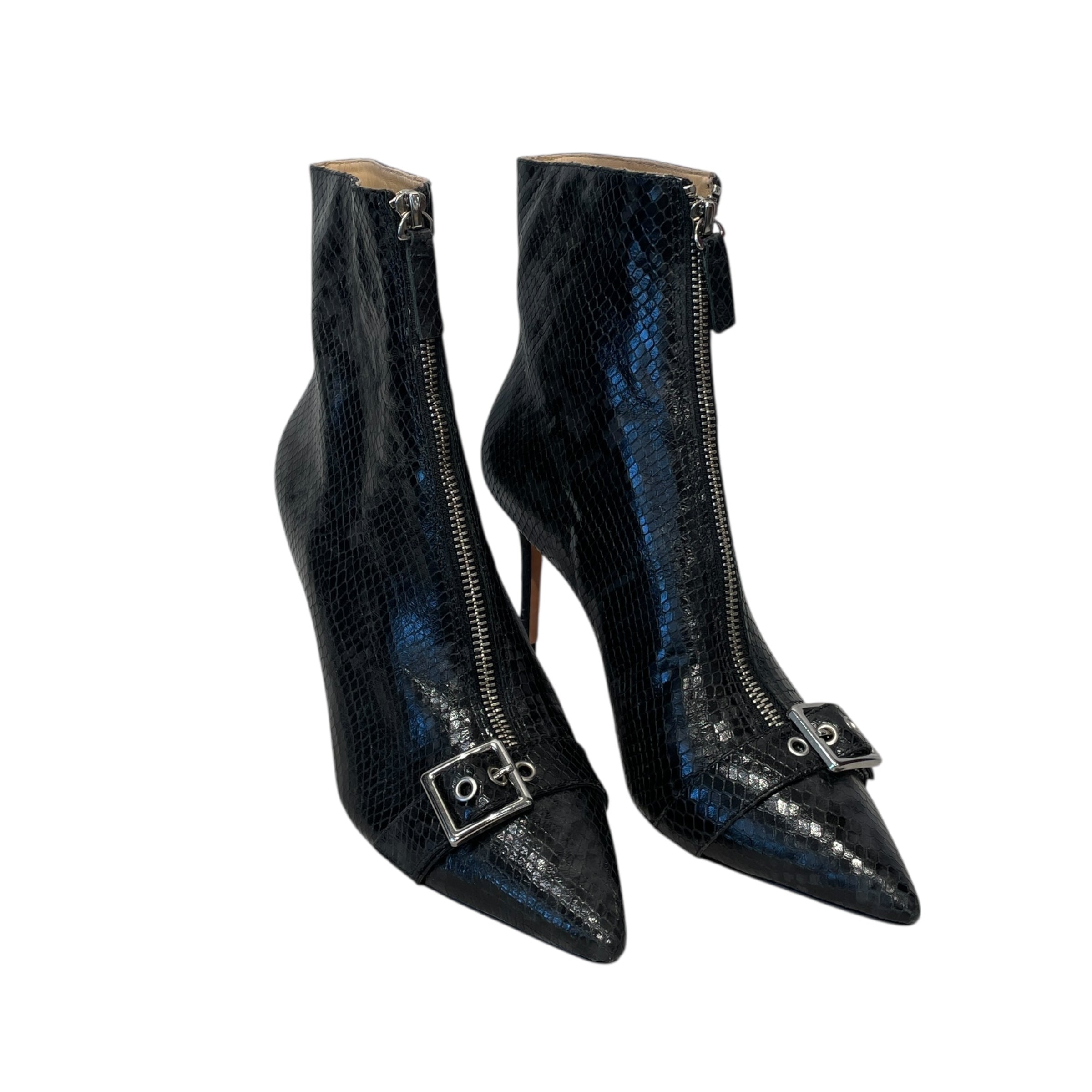 black suede studio/Booties/US 9/Animal Pattern/Leather/BLK/front zip/ buckle/ skinny heel view 1