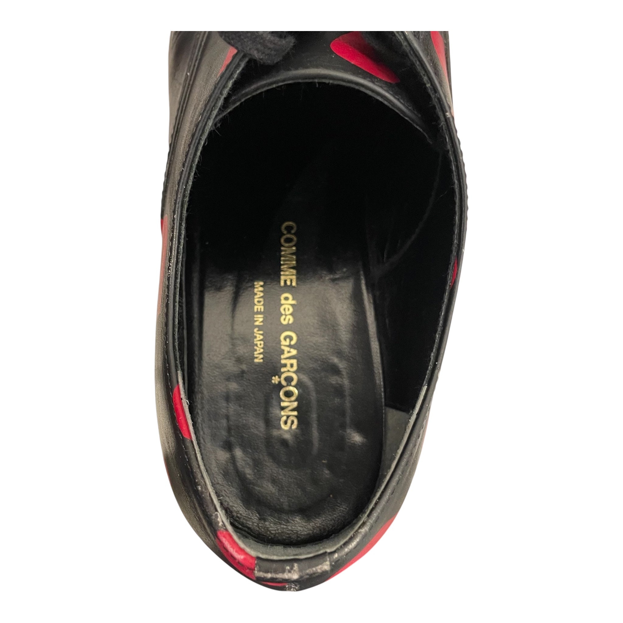 COMME des GARCONS/Dress Shoes/All Over Print/Leather/BLK/red heart loafers view 3