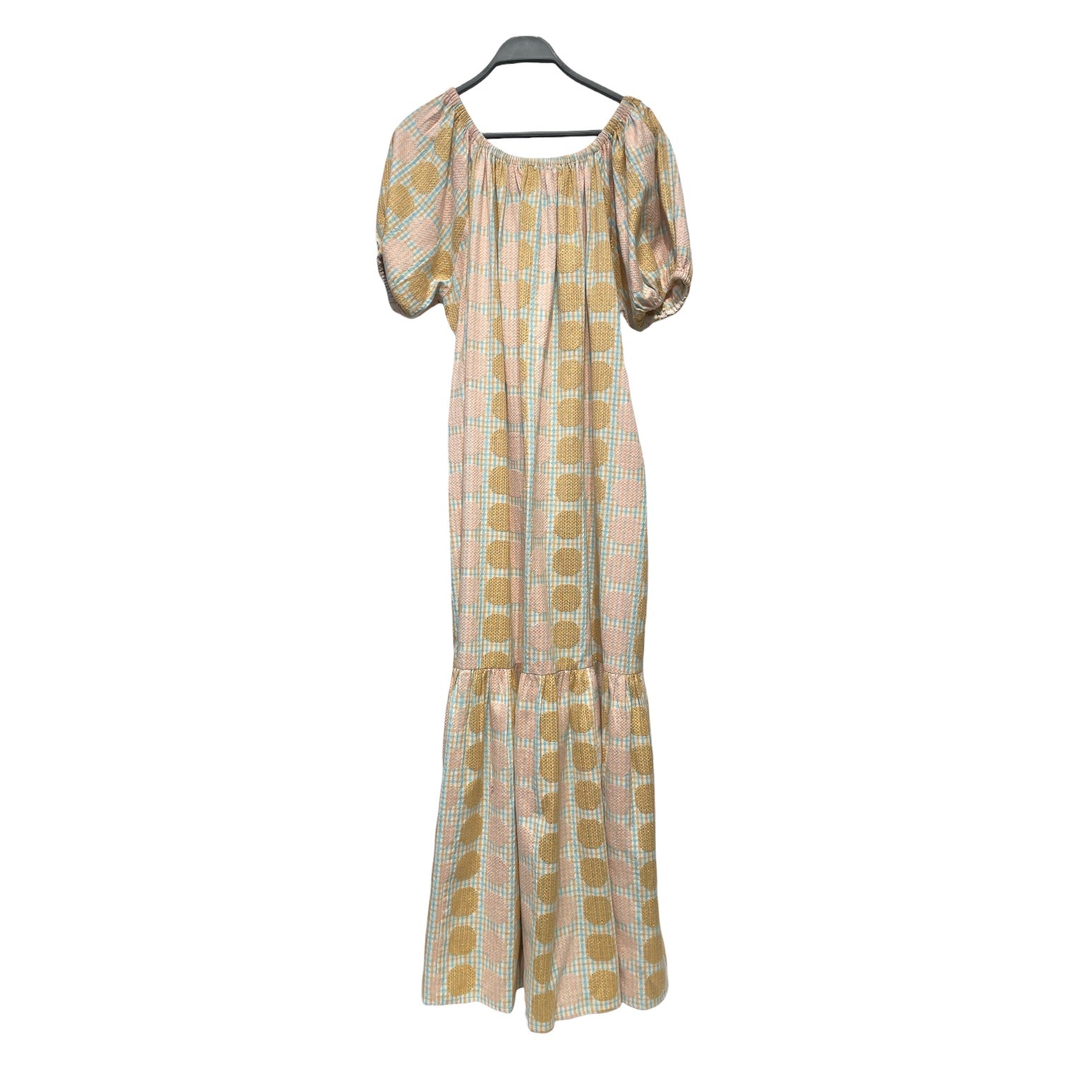 ACEANDING/Dress/XS/All Over Print/Cotton/PNK/PLAID WITH CIRCLE GOLD ACCENT view 1