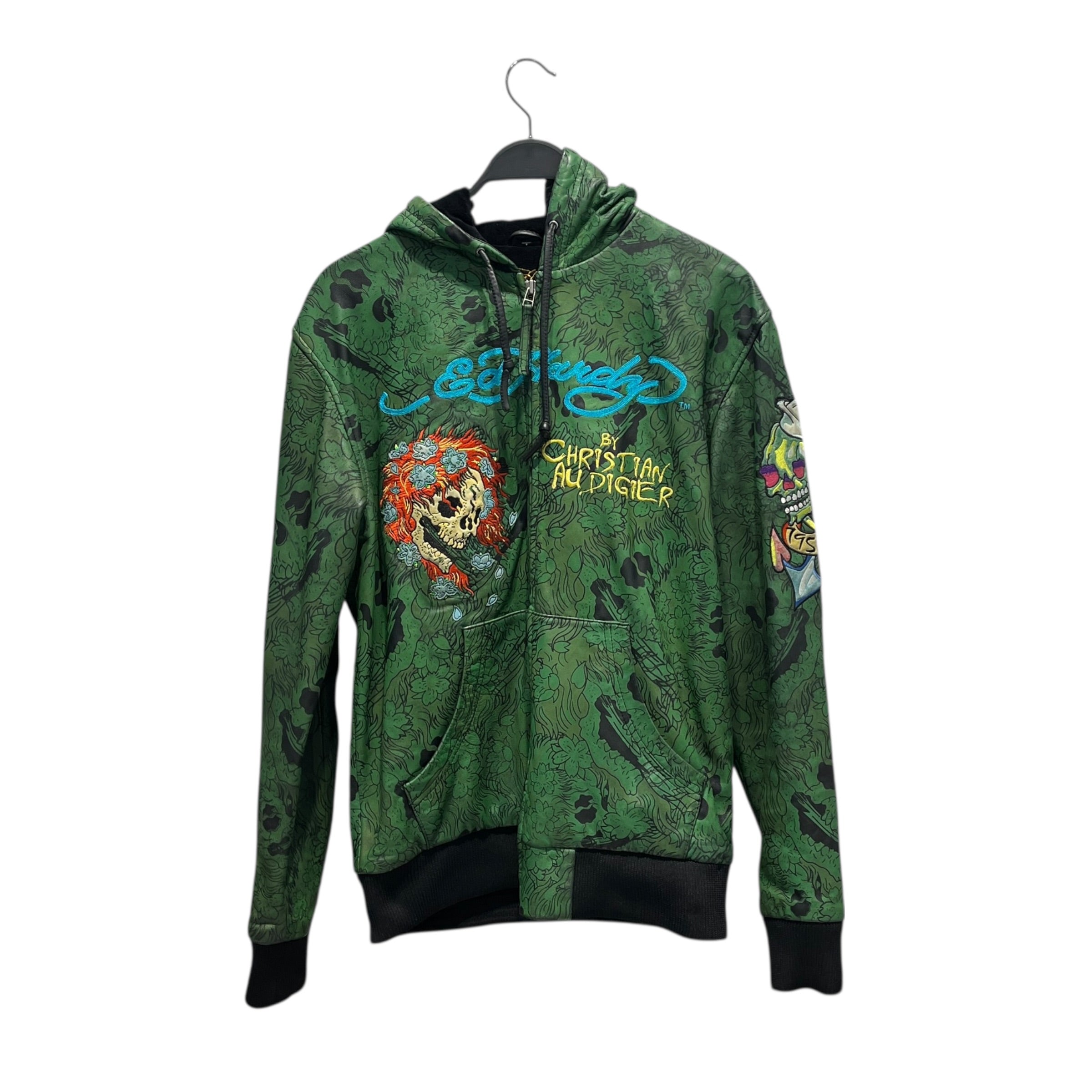 CHRISTIAN AUDIGIER/Zip Up Hoodie/L/All Over Print/Leather/GRN/VTG PLANT SKULL FLOWER view 1