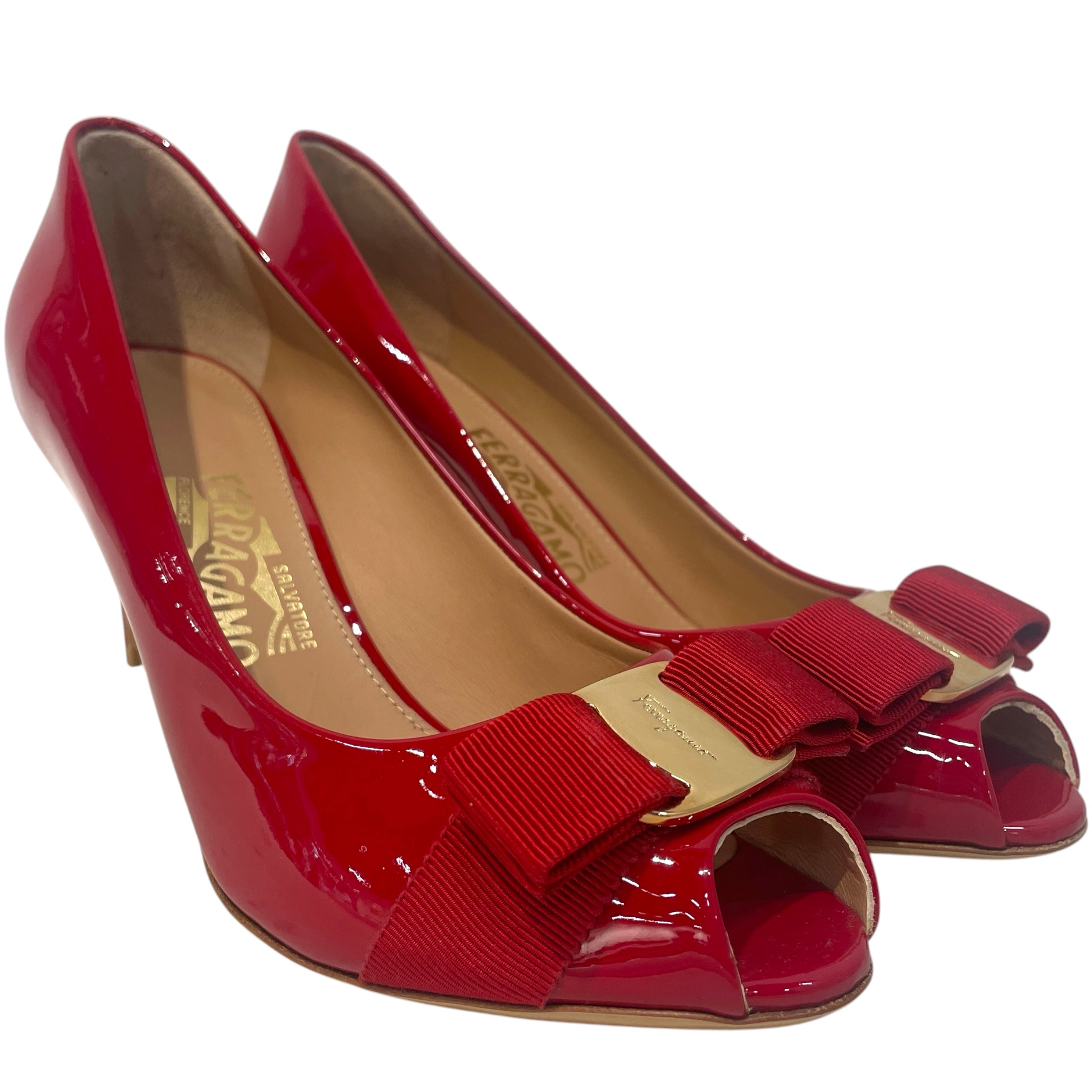 Salvatore Ferragamo/Heels/US 7.5/Leather/RED/peep toe stilletto view 1