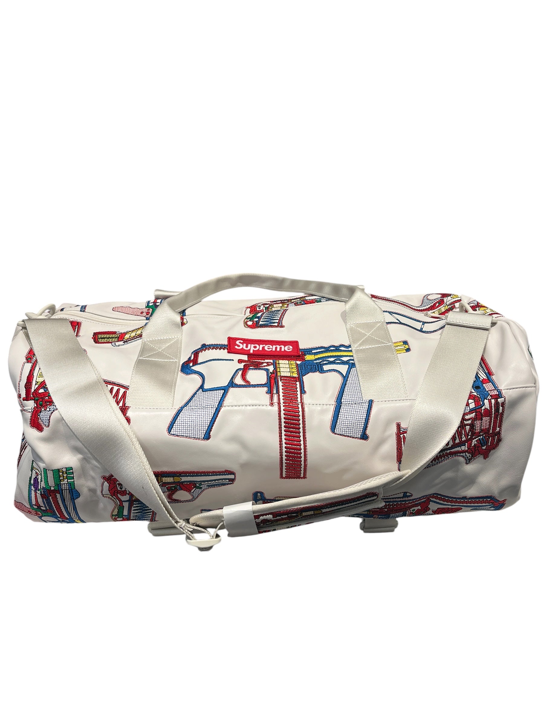 Supreme/Luggage/Leather/WHT/Guns embroidered duffle bag view 1