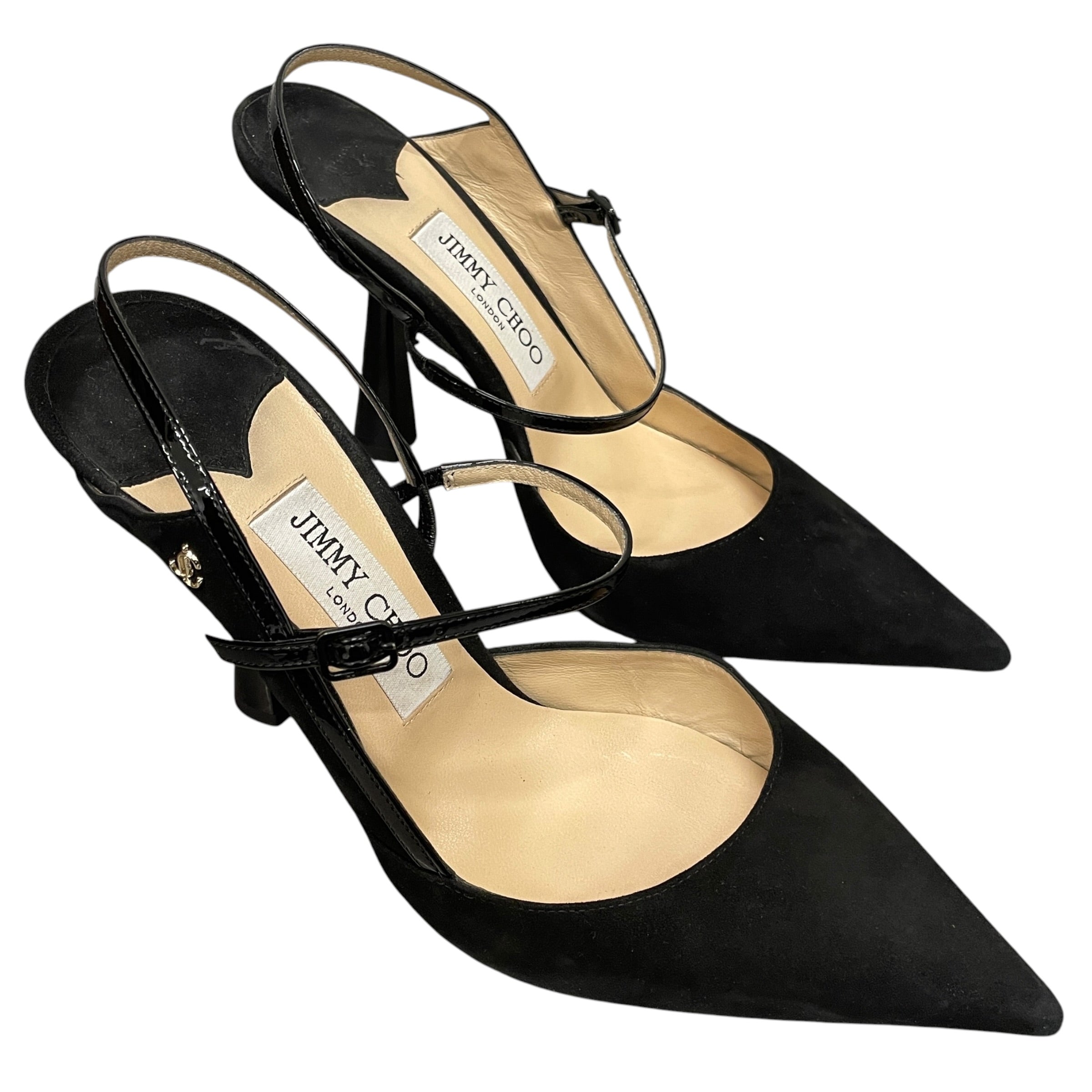 JIMMY CHOO/Heels/EU 38/Suede/BLK/STRAP BACK HEELS/JC GLD ENAMEL view 1