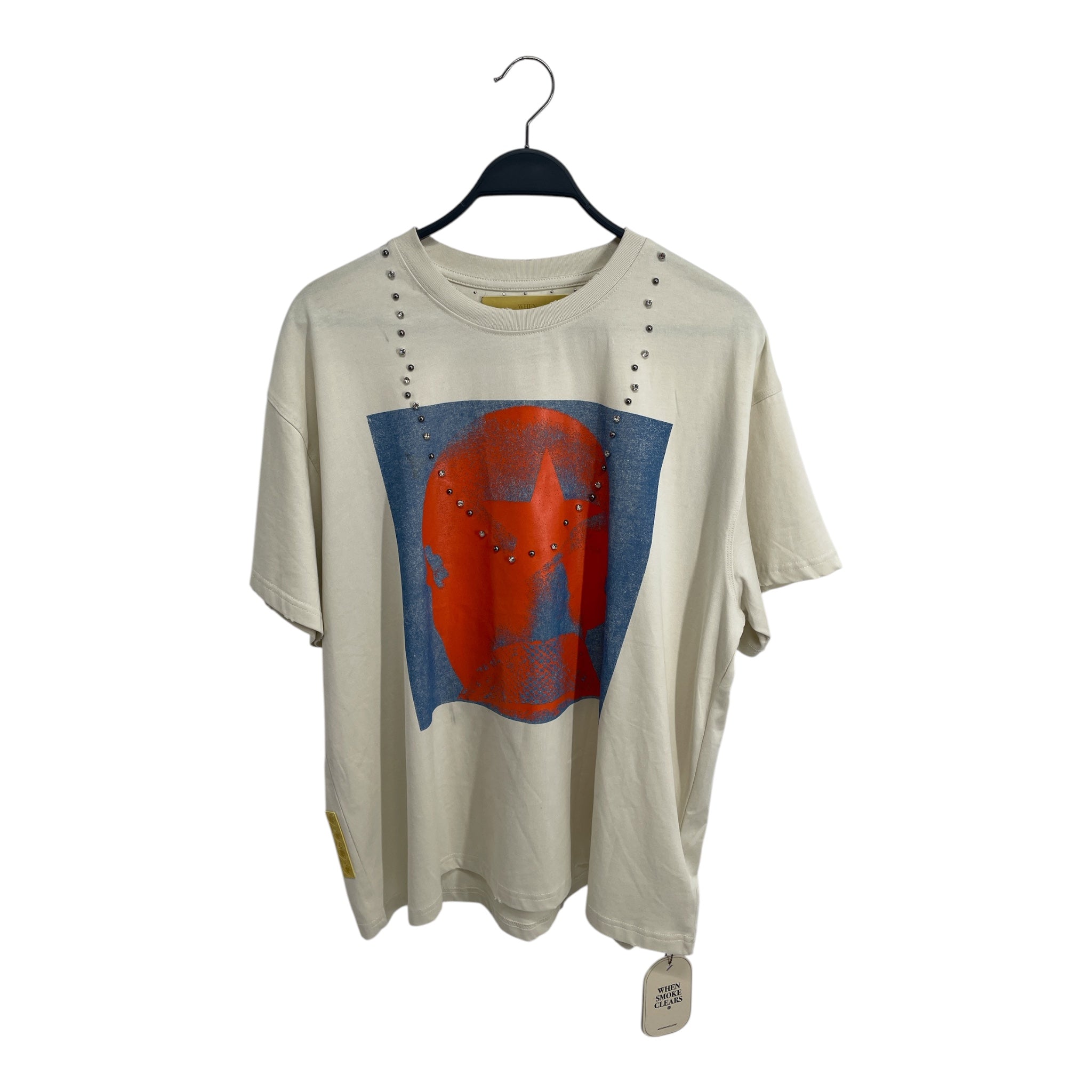 WHEN SMOKE CLEARS/T-Shirt/L/Cotton/WHT/Graphic/BLU/ORG/RHINSTONE view 1