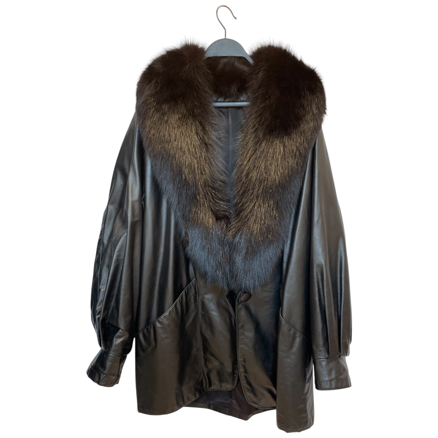 VINTAGE/Leather Jkt/10/Leather/BLK/Single Breasted/1980S LEATHER W FOX FUR NECK view 1