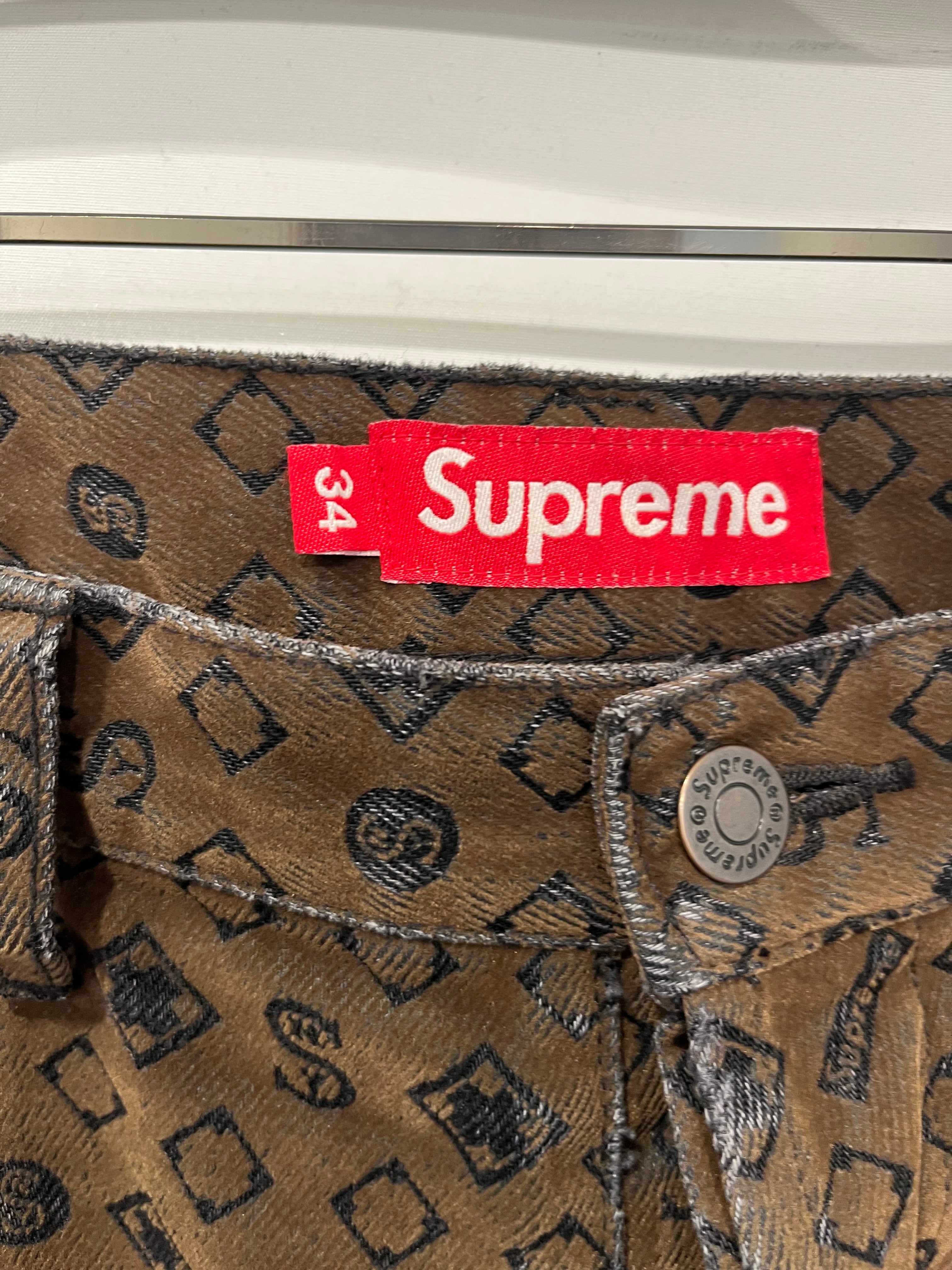 Supreme/Straight Pants/34/Cowhide/BRW/Button Fly/All Over Print/FLOCKED LOOSE FIT MONOGRAM view 3