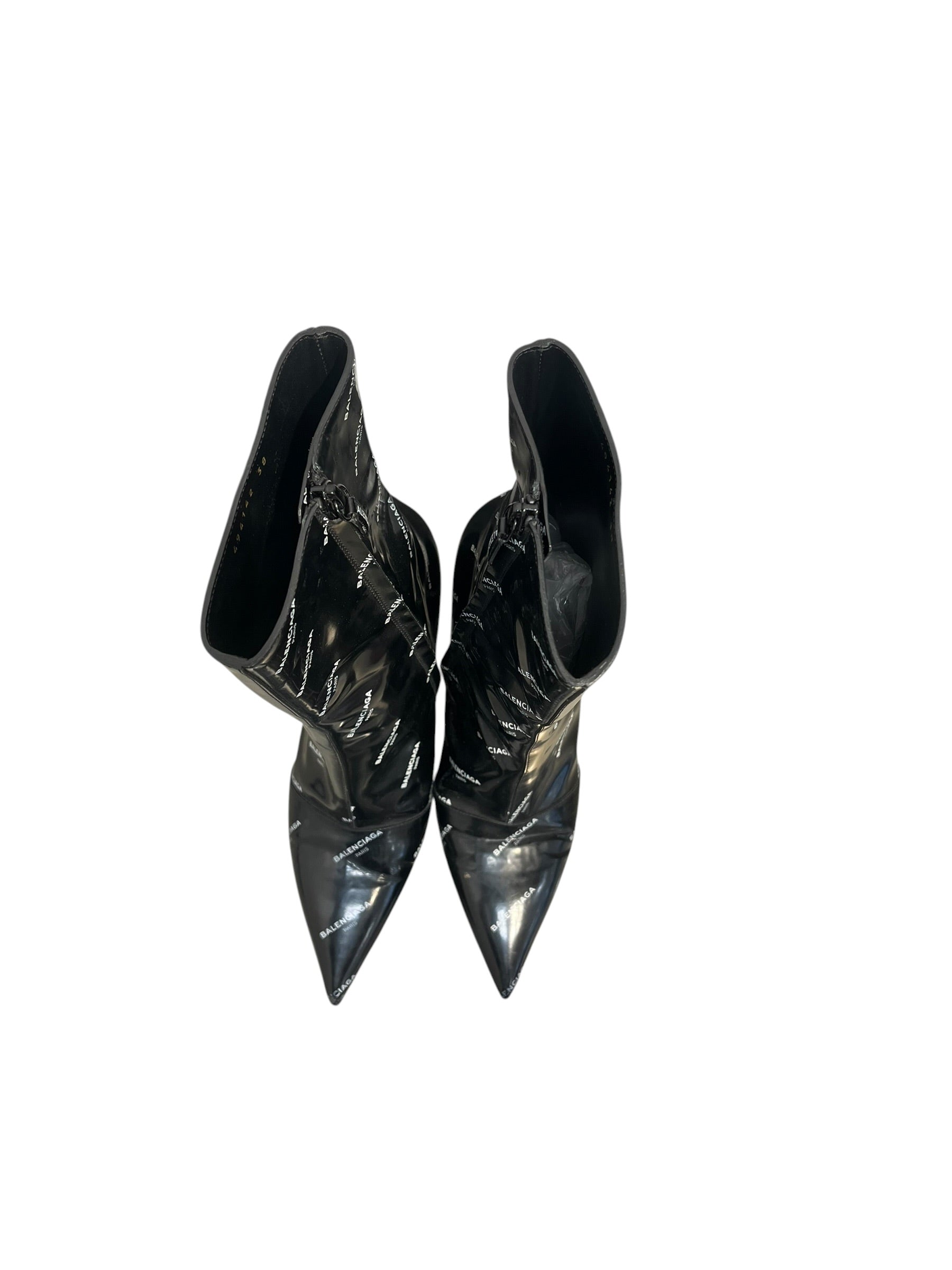 BALENCIAGA/Heels/EU 38/Monogram/Faux Leather/BLK/Patent/white logo zip up boot pointed view 5
