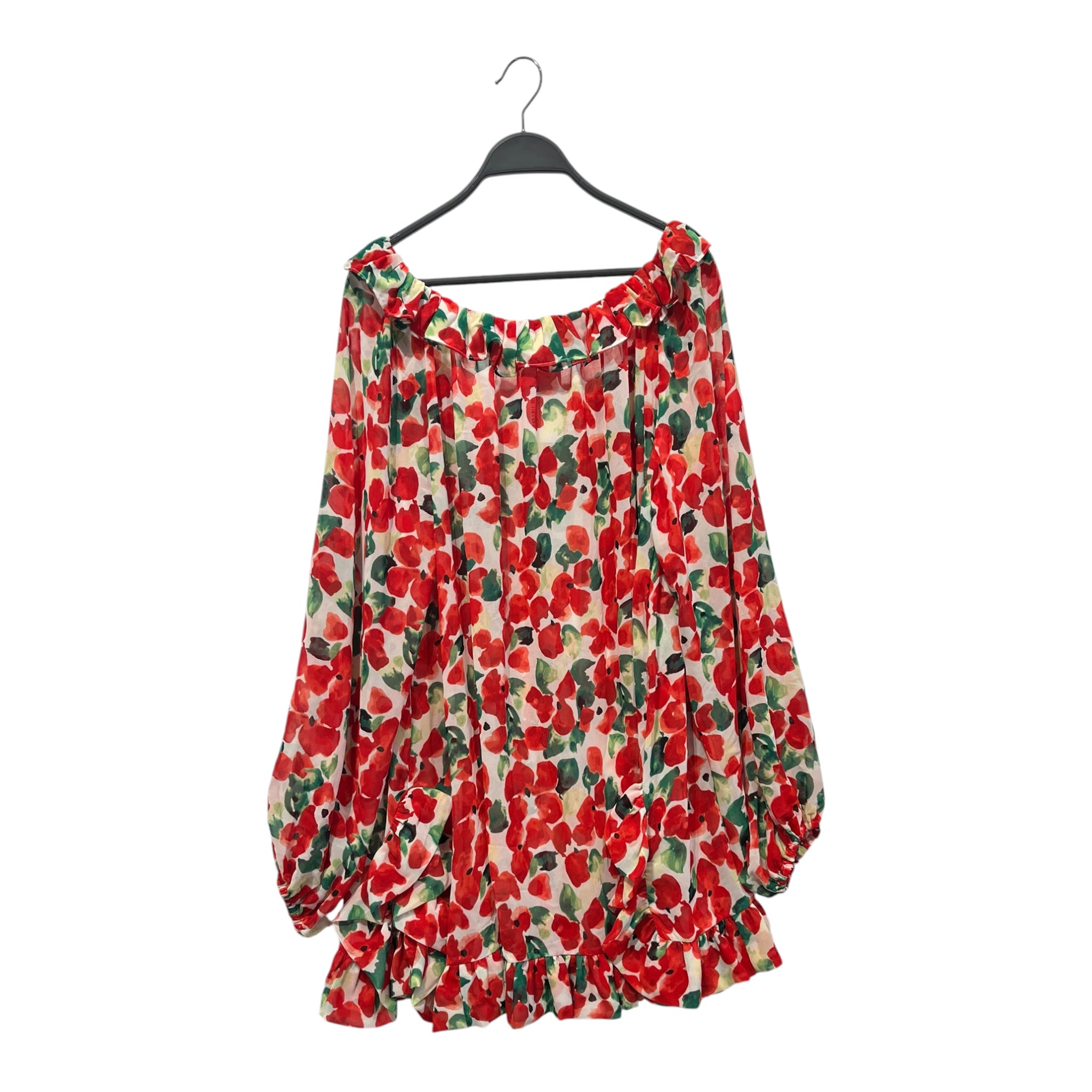 CAROLINE CONSTAS/LS Dress/M/Floral Pattern/Polyester/WHT/SEETHROUGH RED FLOWERS GREEN view 2