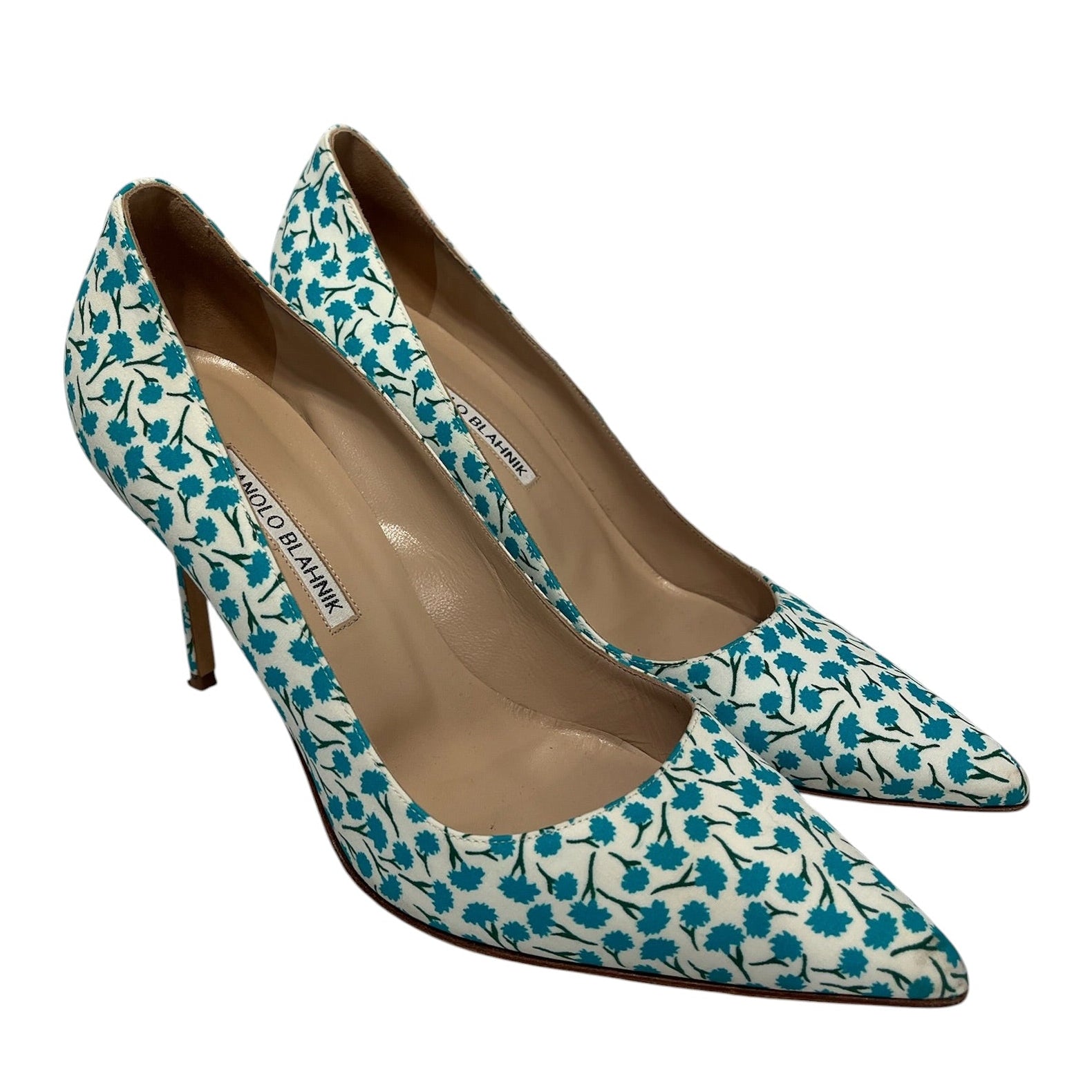 MANOLO BLAHNIK/Heels/US 7.5/Floral Pattern/Cotton/WHT/Straight Tip/BLUE FLORAL AOP view 1