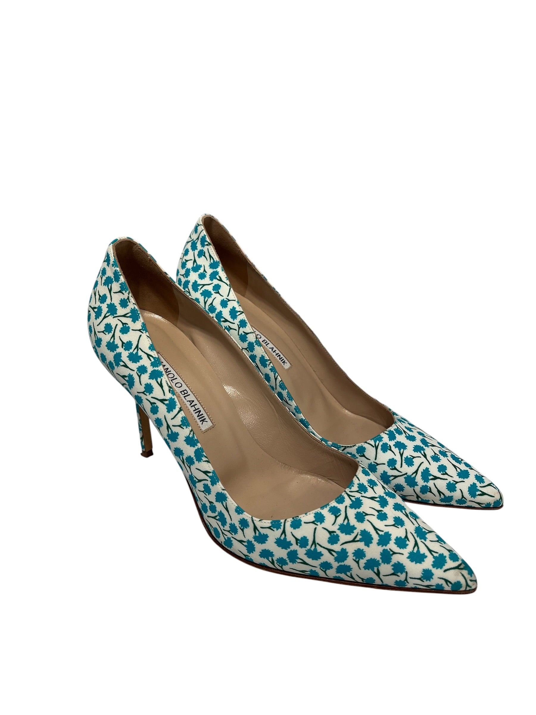 MANOLO BLAHNIK/Heels/US 7.5/Floral Pattern/Cotton/WHT/Straight Tip/BLUE FLORAL AOP view 1