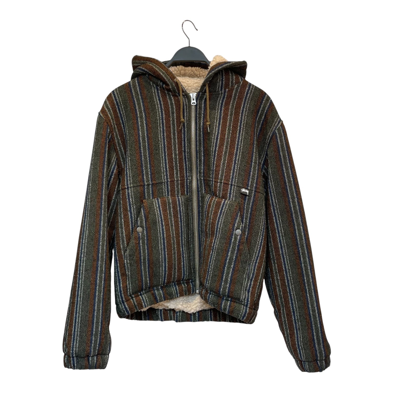 STUSSY/Jacket/L/Polyester/BRW/Stripe/hood w fuzzy liner view 1