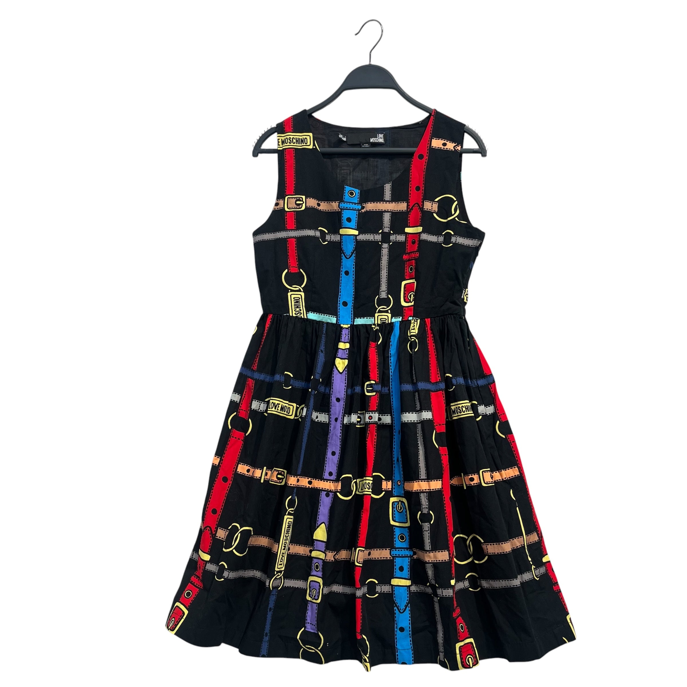 LOVE MOSCHINO/SL Dress/24/All Over Print/Cotton/BLK/colorful belt pattern view 1