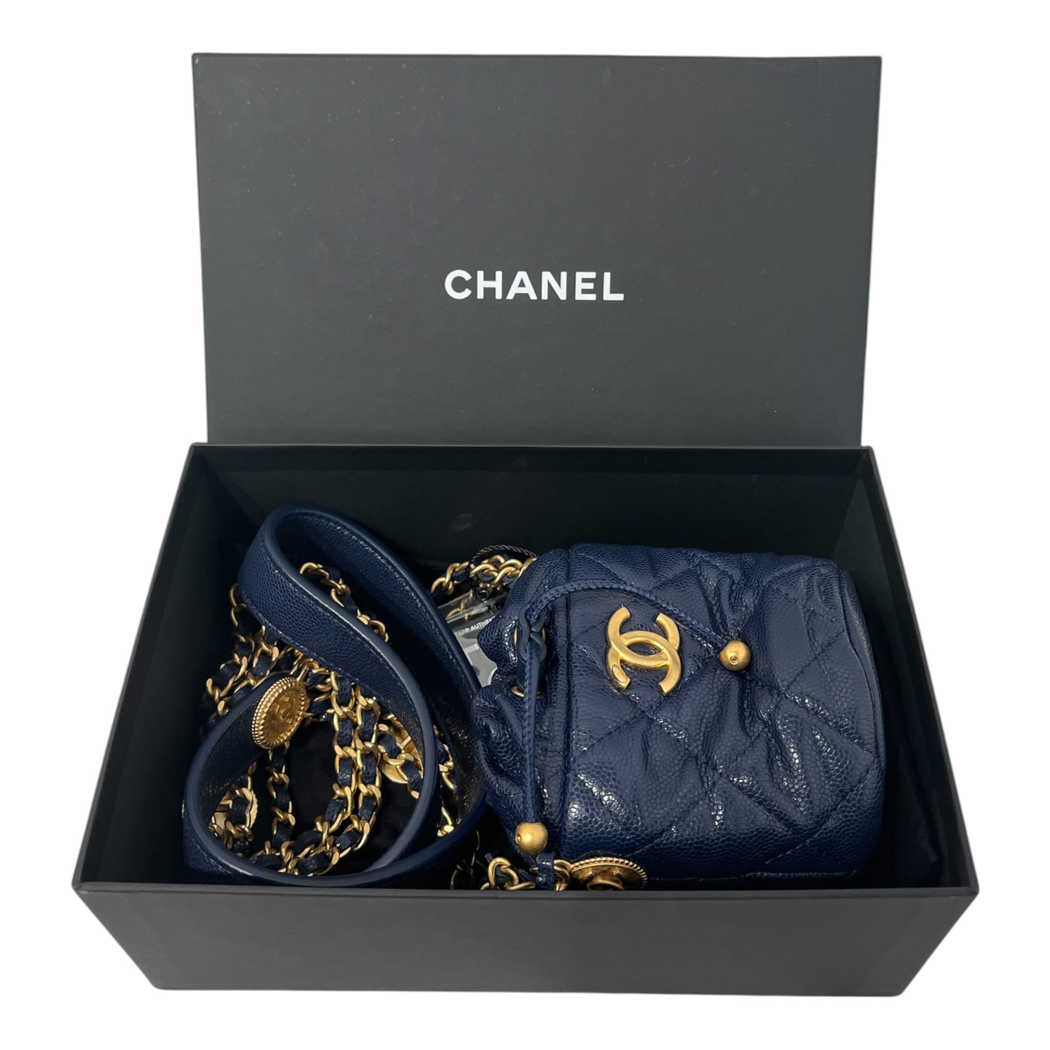 CHANEL/Cross Body Bag/Leather/NVY/caviar mini quilted bucket view 6