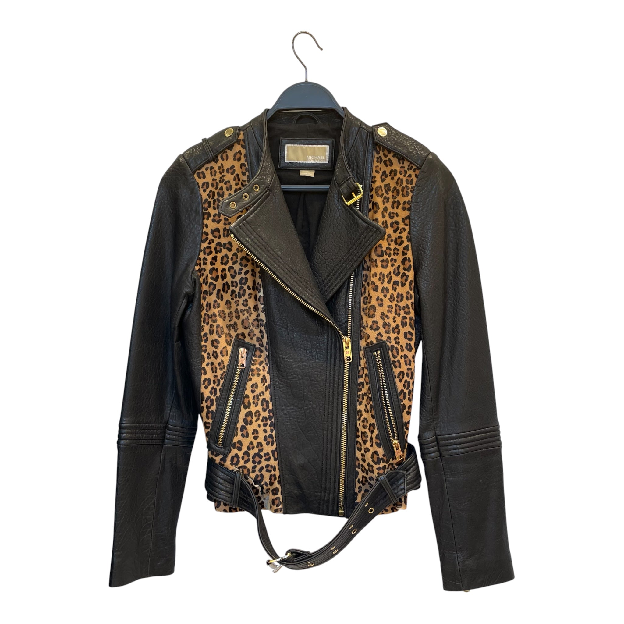 MICHAEL KORS/Leather Jkt/S/Animal Pattern/Leather/BLK/BIKER GOLD ZIP LEOPARD view 1