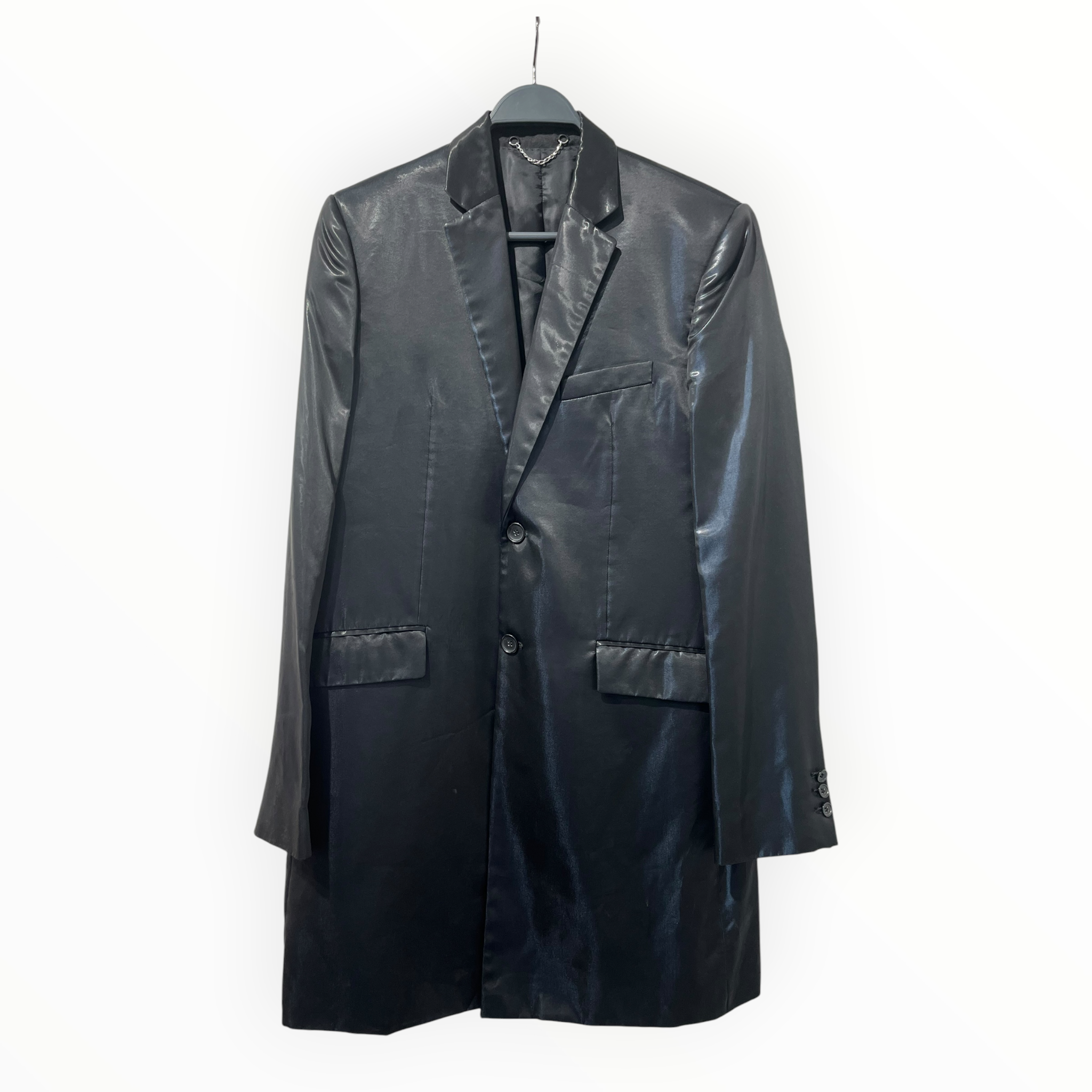 BALENCIAGA/Jacket/50/Polyester/BLK/Single Breasted/2BUTTONS LONG SUITJACKET SHINY view 1