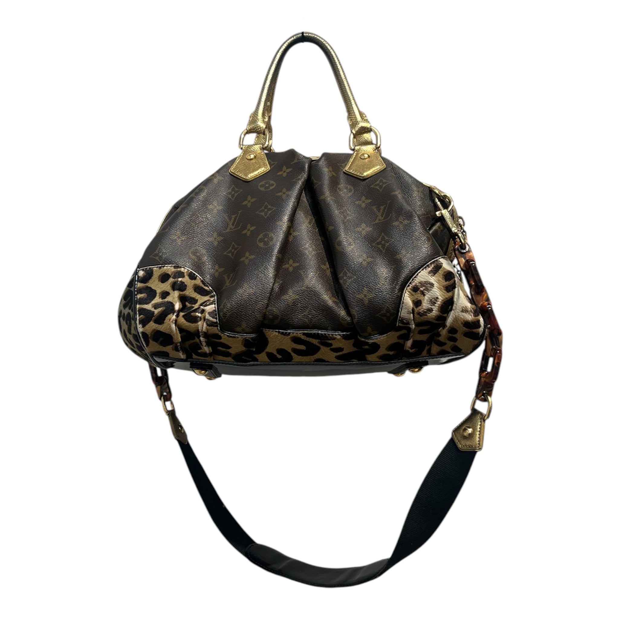 LOUIS VUITTON/Hand Bag/Monogram/BRW/gold accent with leopord bottm view 1