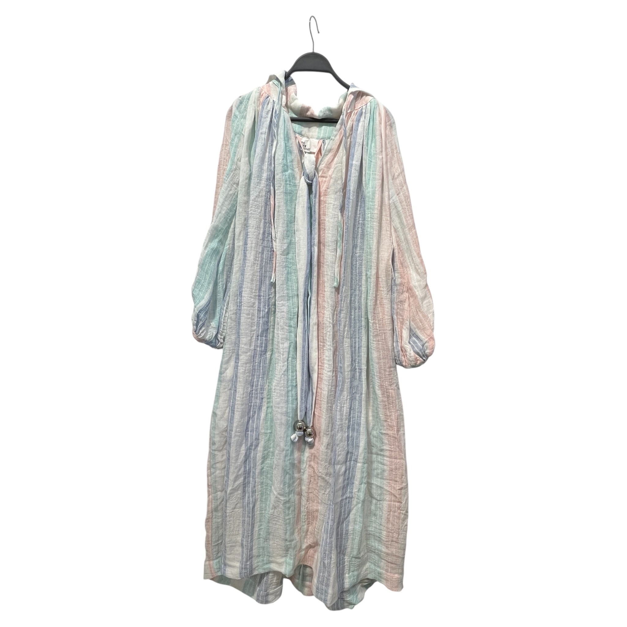 LISA MARIE FERNANDEZ/LS Dress/2/Stripe/Linen/WHT/Maxi Length/BLUE/GREEN/PINK COLLER V LINE view 1