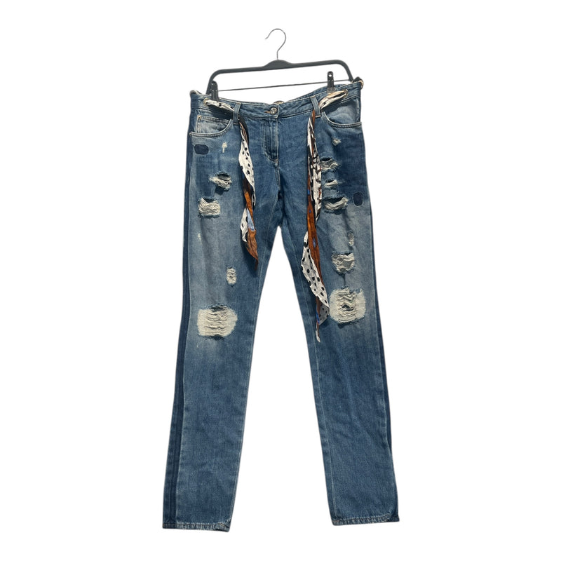 roberto cavalli/Straight Pants/46/Cotton/BLU/SCARF BELT / RIPPED DSGN