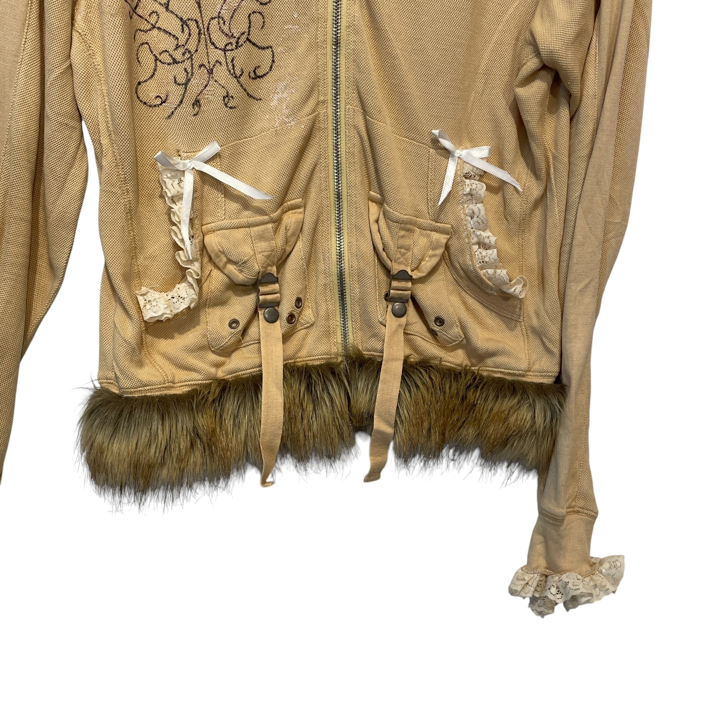 DA-NANG/Zip Up Hoodie/XS/All Over Print/Silk/BEG/fur&lacetrim/cargo/bows/cute<3 view 2