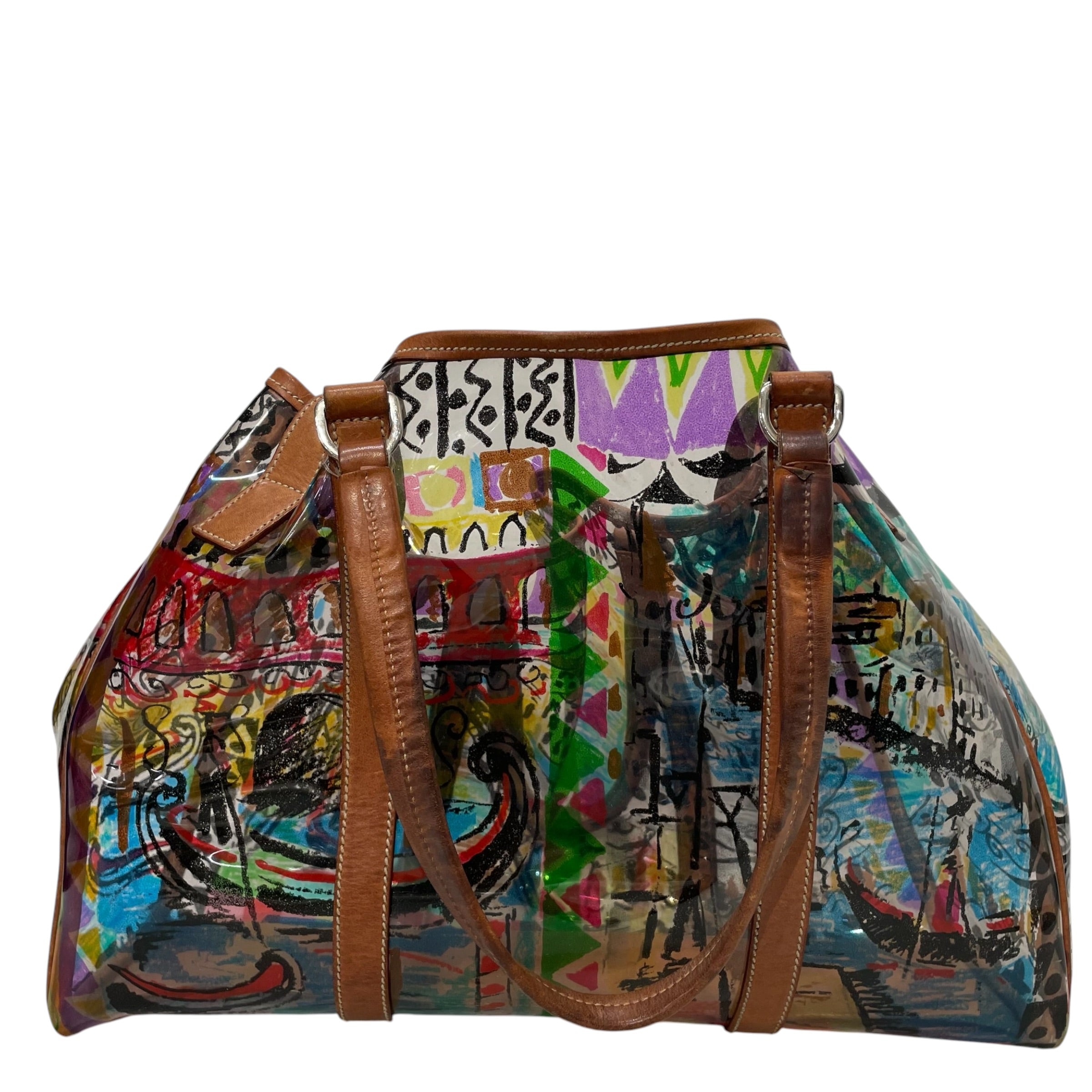 PRADA/Tote Bag/All Over Print/MLT/clear venicesketch brwn strp view 2