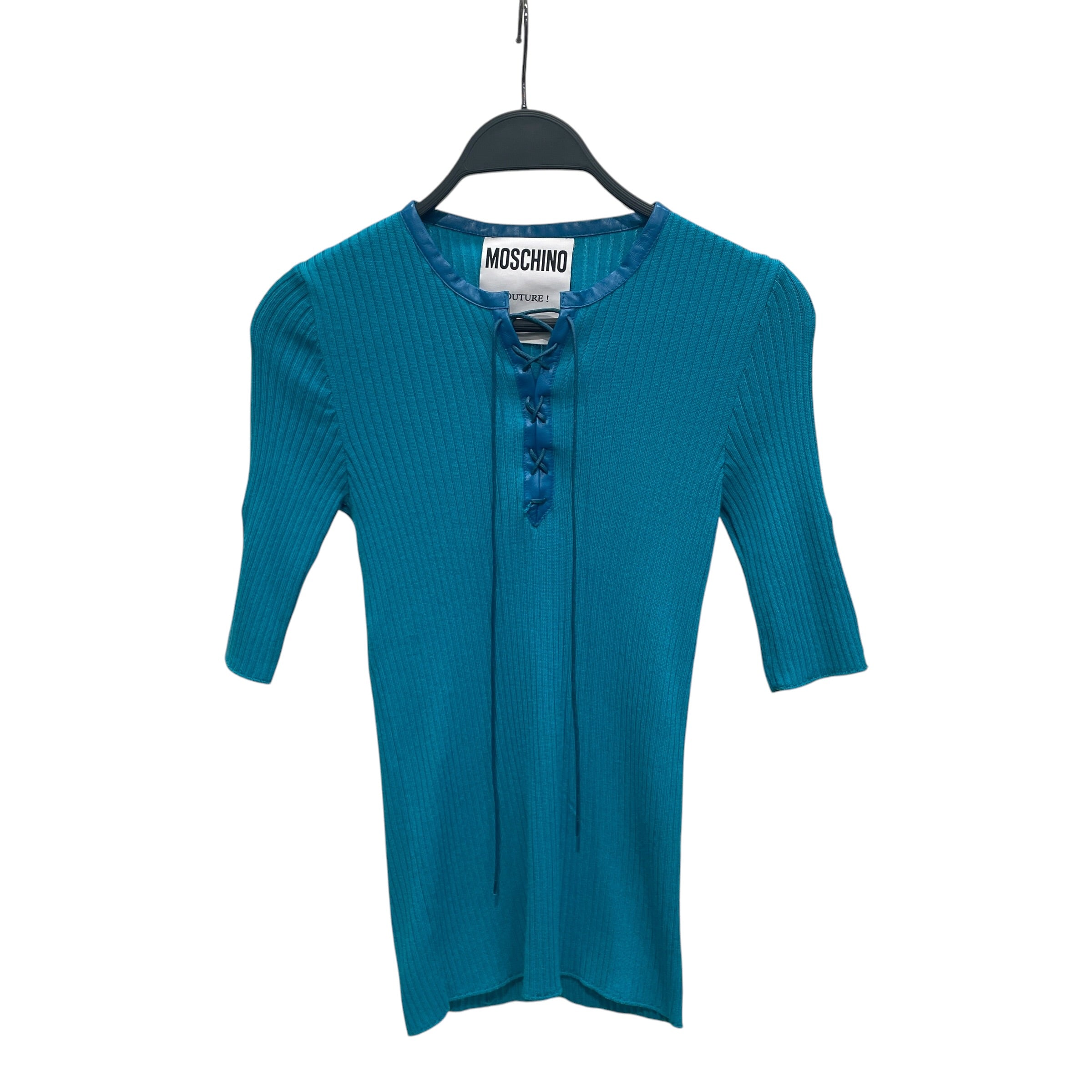 MOSCHINO/SS Blouse/Wool/BLU/RIBBED TOP, LEATHER TIE SLEEV view 1