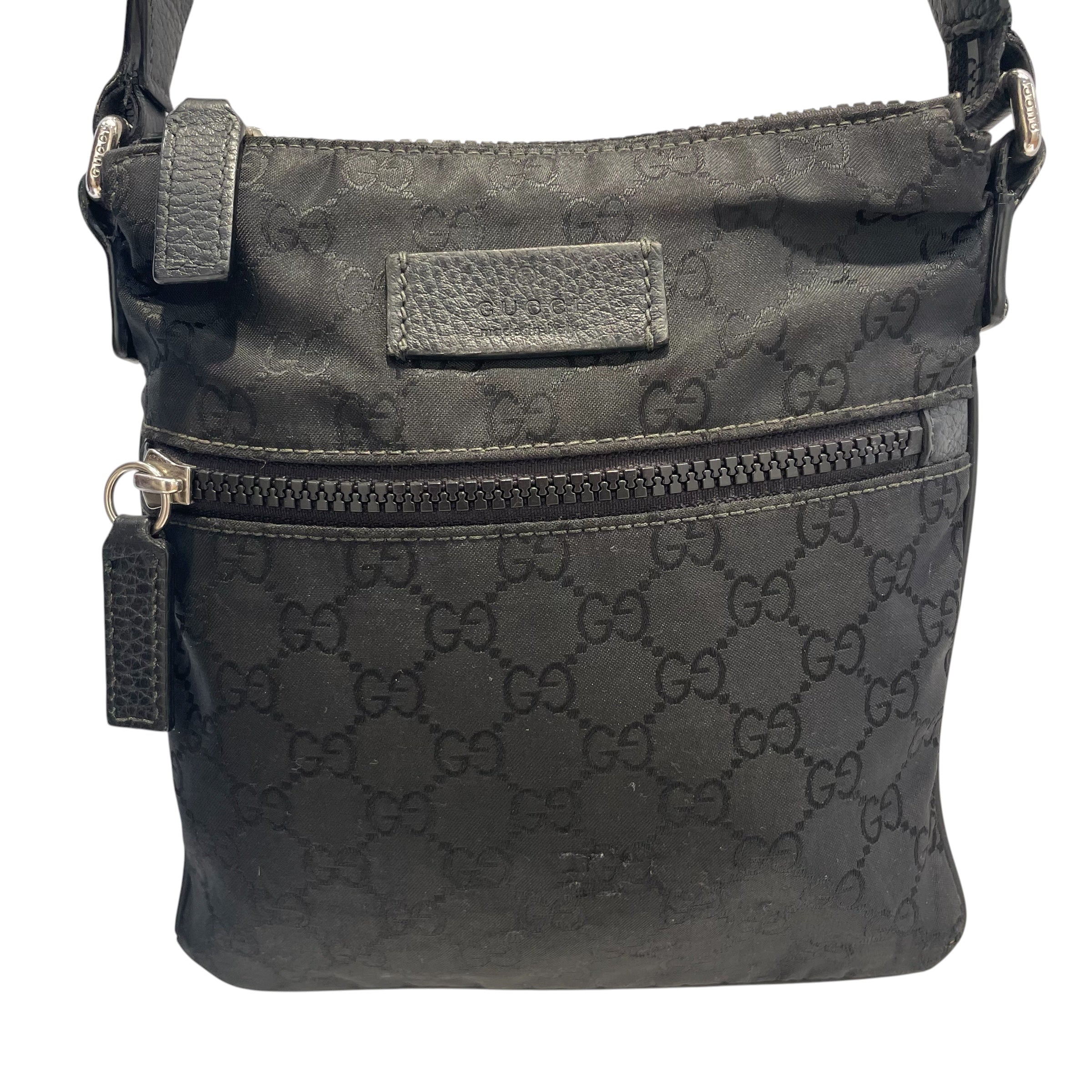 GUCCI/Cross Body Bag/Monogram/Nylon/BLK/messenger bag/gry ljne strap view 3
