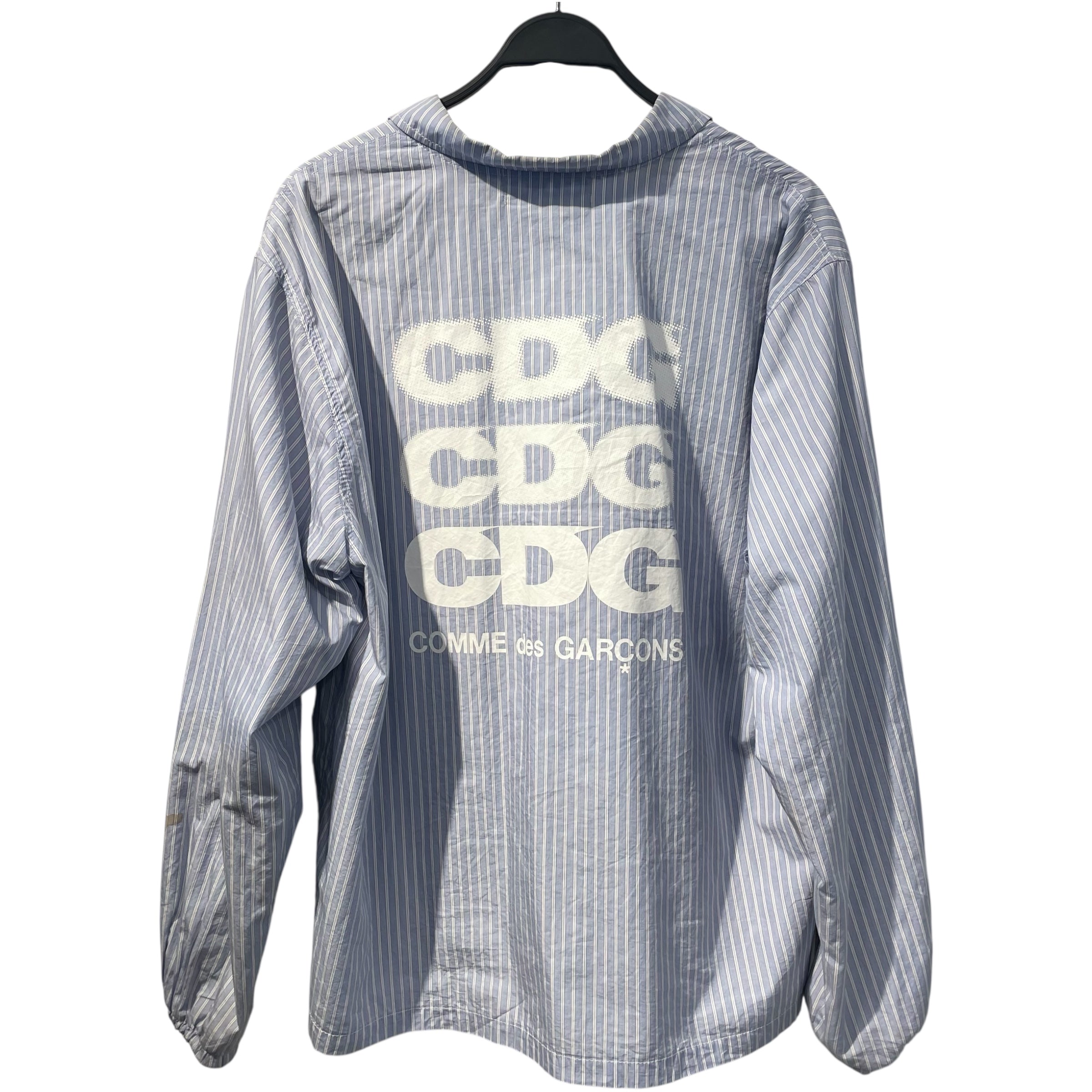 COMME des GARCONS/Track Jkt/L/Stripe/Cotton/BLU/BLUE/WHITE PINSTRIPE/BACK LOGO view 2
