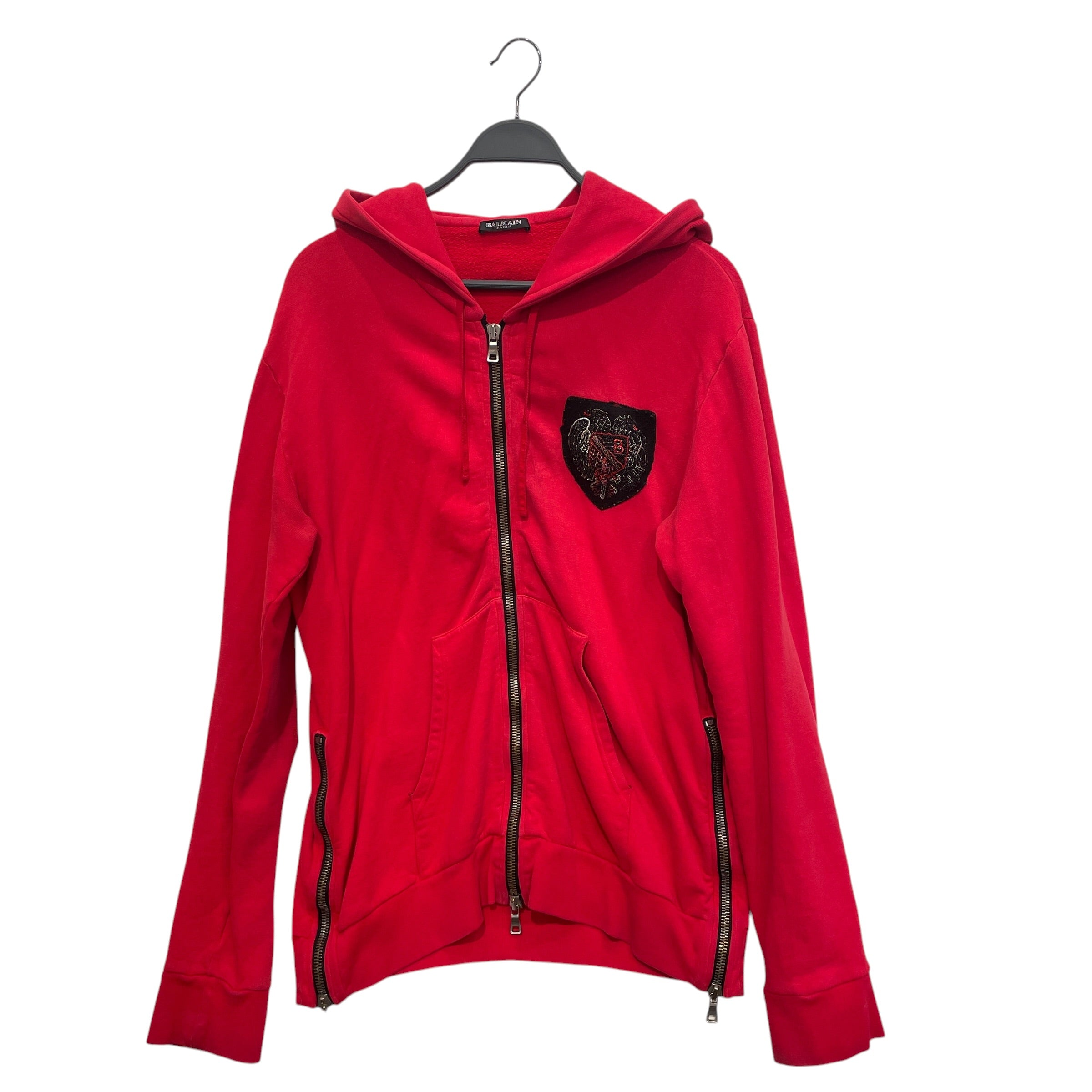 BALMAIN/Zip Up Hoodie/XL/Cotton/RED/PATCHWORK view 1