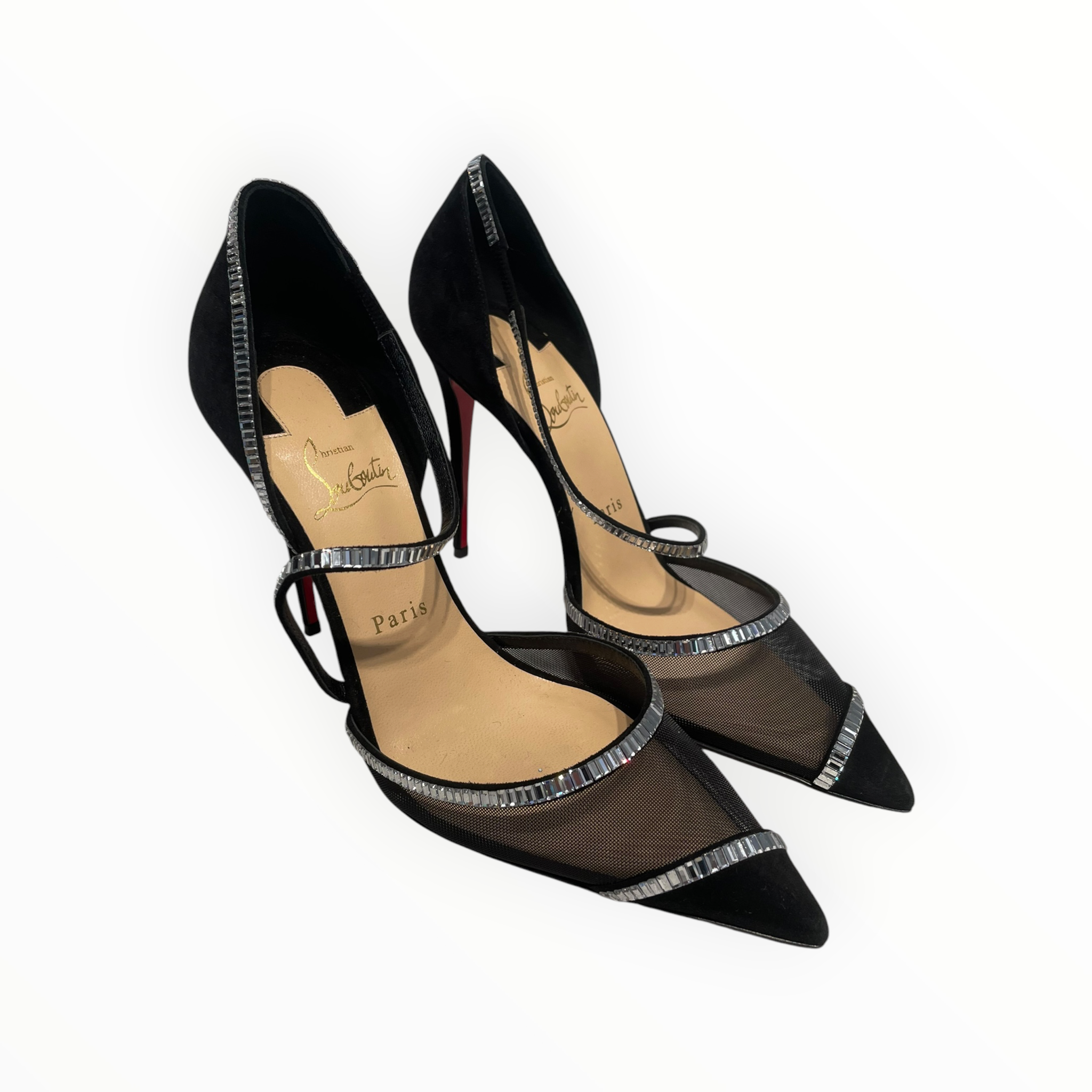 Christian Louboutin/Heels/EU 38.5/Leather/BLK/Ankle Strap/RHINESTONE view 1