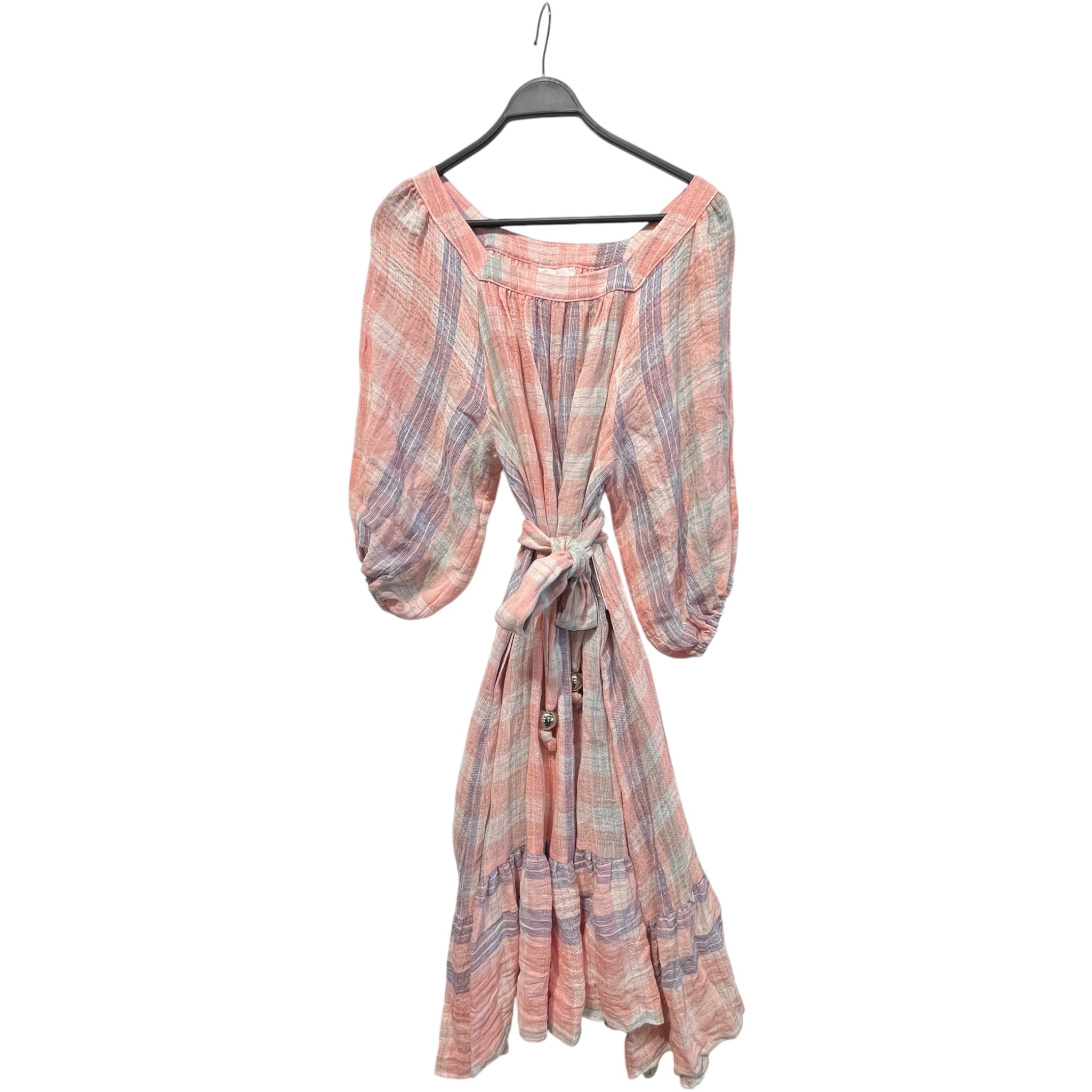 LISA MARIE FERNANDEZ/LS Dress/2/Plaid/Linen/PNK/Maxi Length/PURPLE/WHITE METALBALL TIE view 3