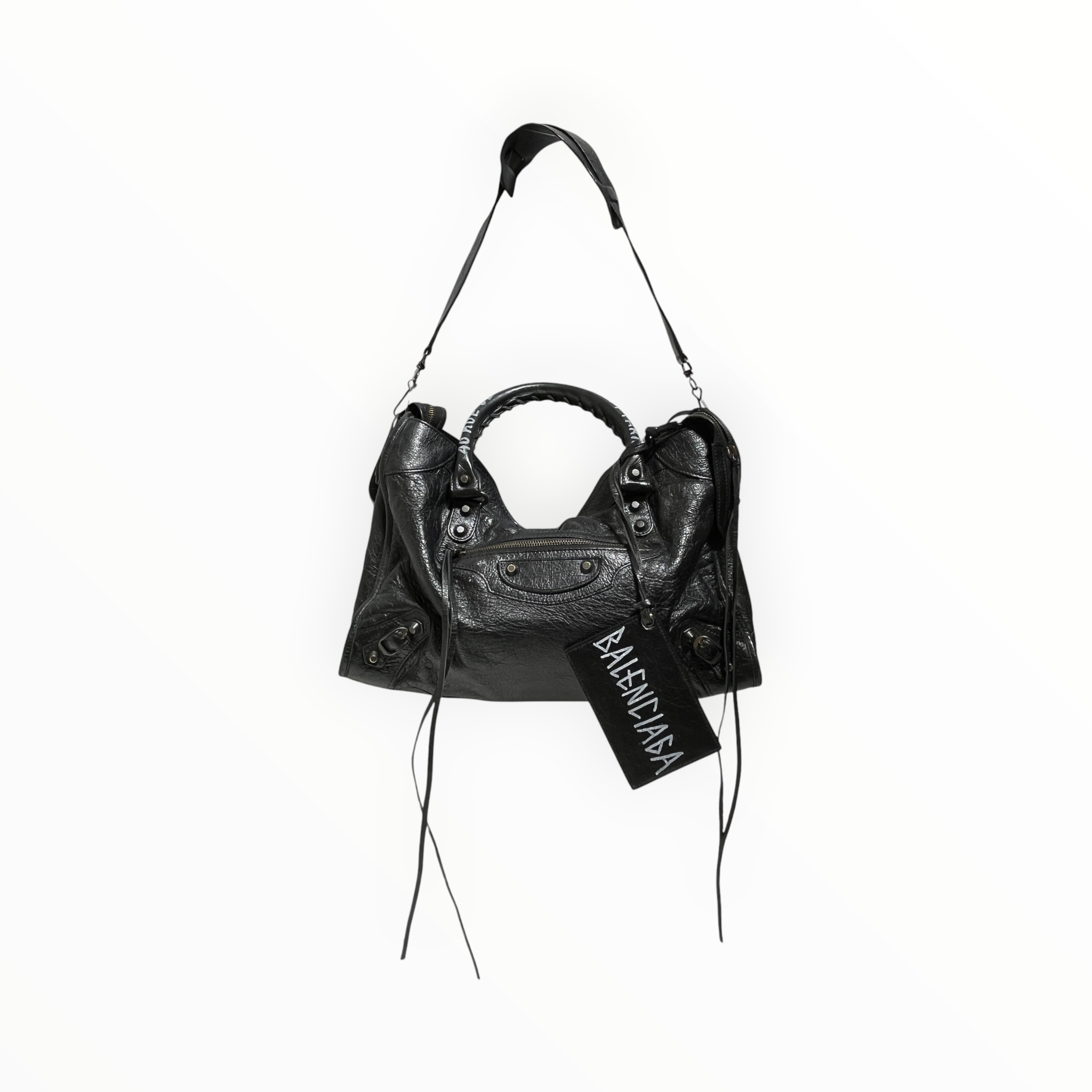 BALENCIAGA/Cross Body Bag/Leather/BLK/CUSTOM HANDLE WRITING view 3