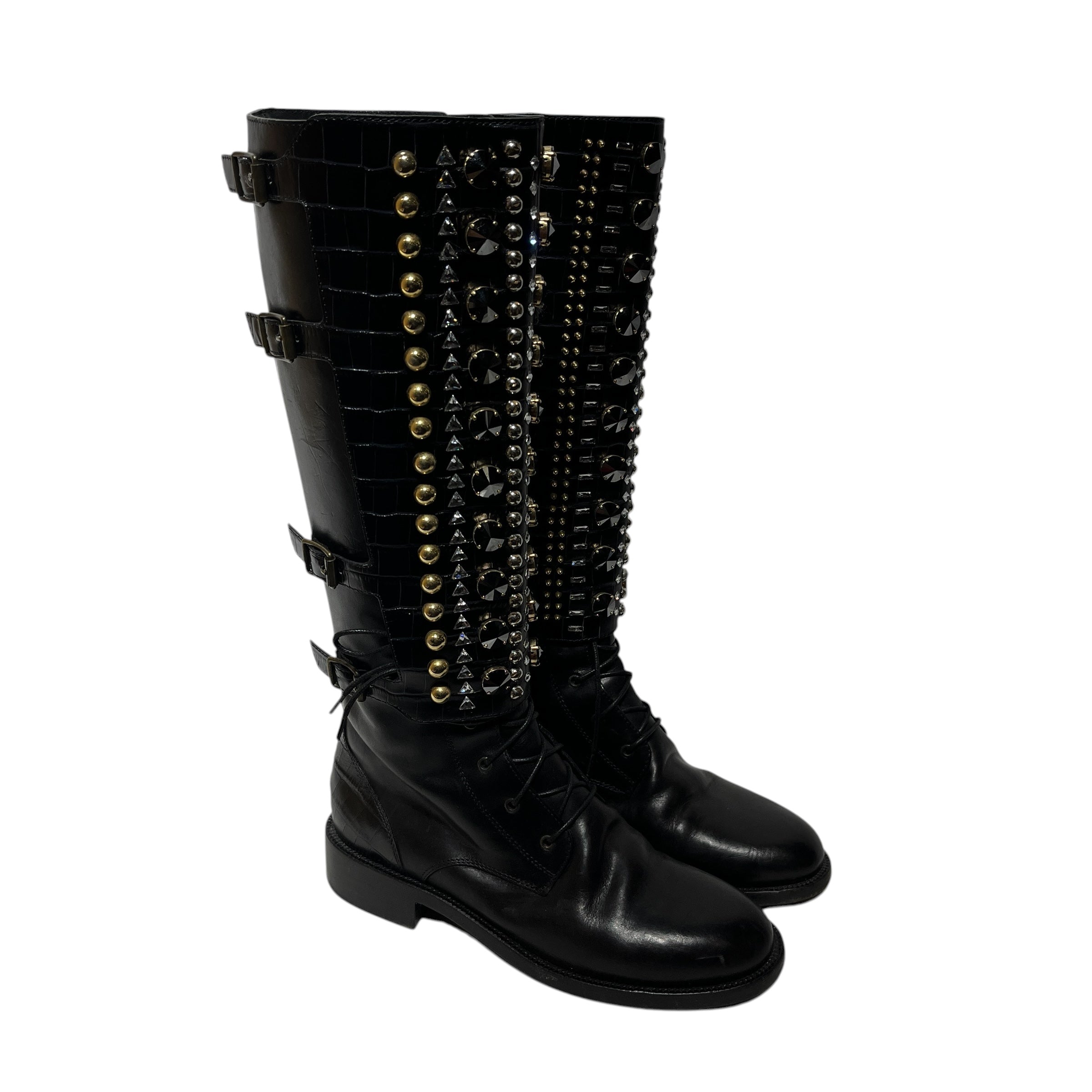 Rene Caovilla/Boots/EU 37/Leather/BLK/Lace Up Jeweled Buckles view 1